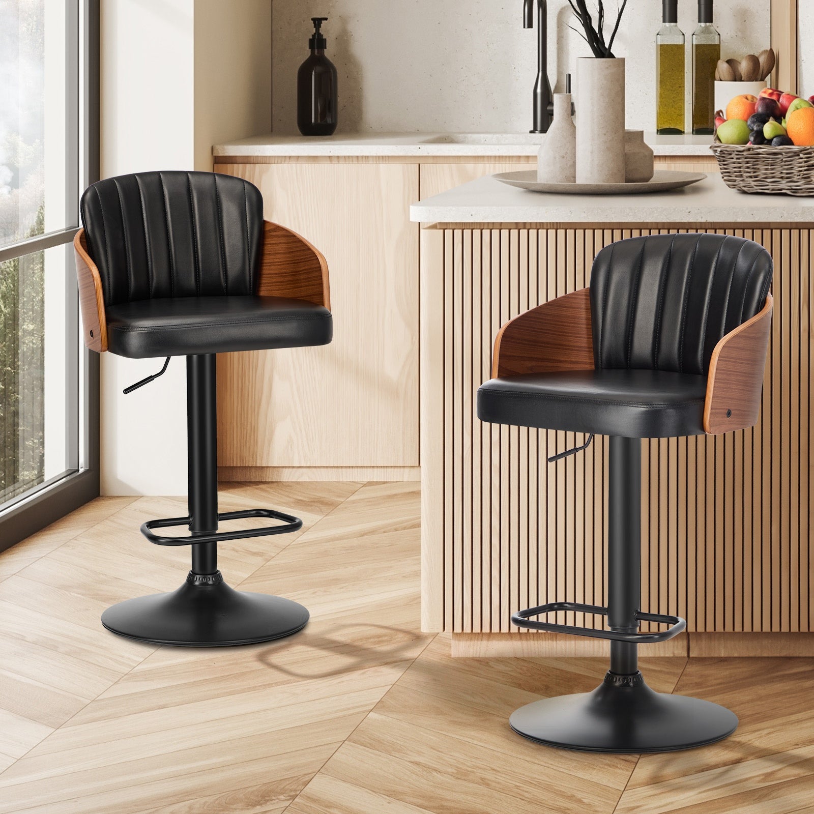 Oikiture 2x Bar Stools Adjustable Counter Height Stool Swivel Leather Black - Sunyee
