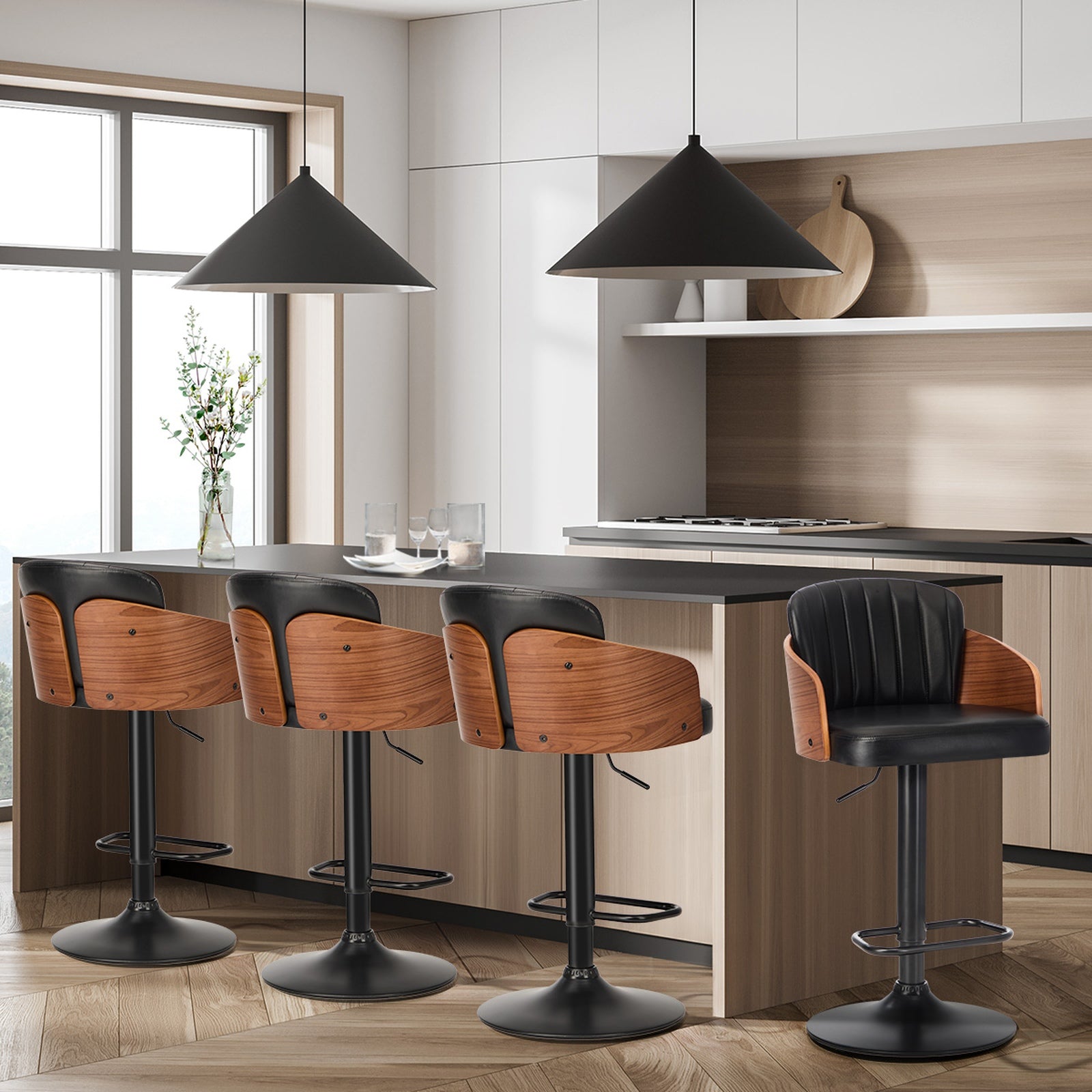 Oikiture 4x Bar Stools Adjustable Counter Height Stool Swivel Leather Black - Sunyee