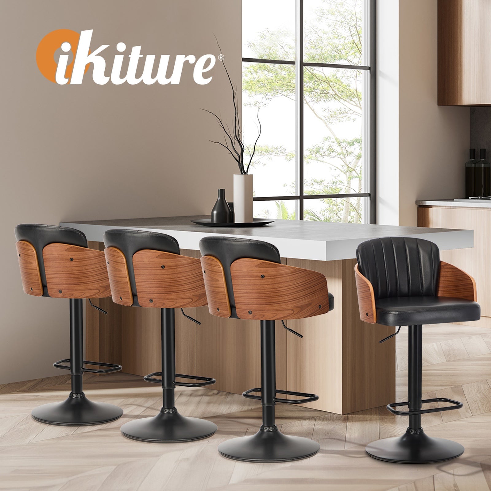 Oikiture 4x Bar Stools Adjustable Counter Height Stool Swivel Leather Black - Sunyee