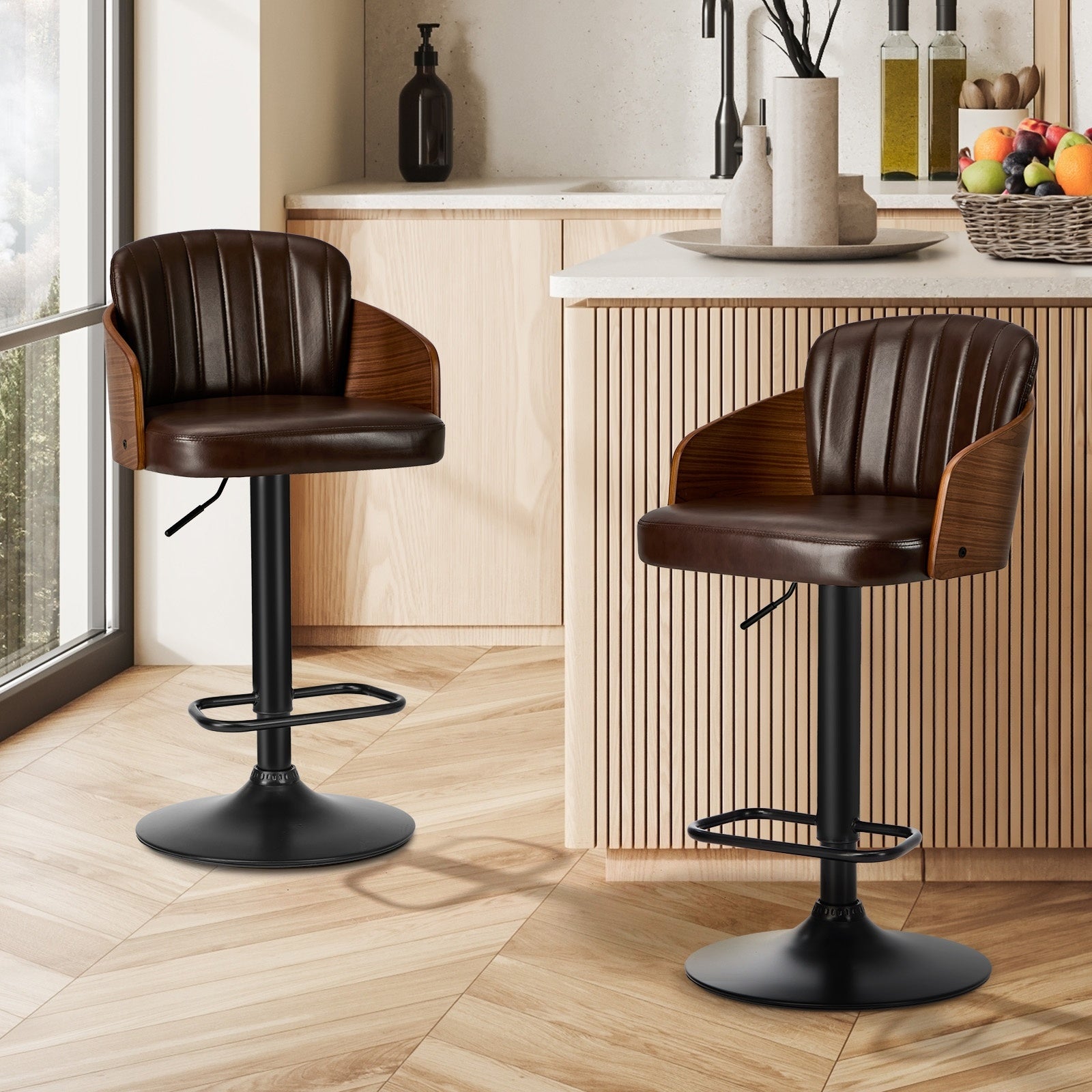 Oikiture 2x Bar Stools Adjustable Counter Height Stool Swivel Leather Brown - Sunyee