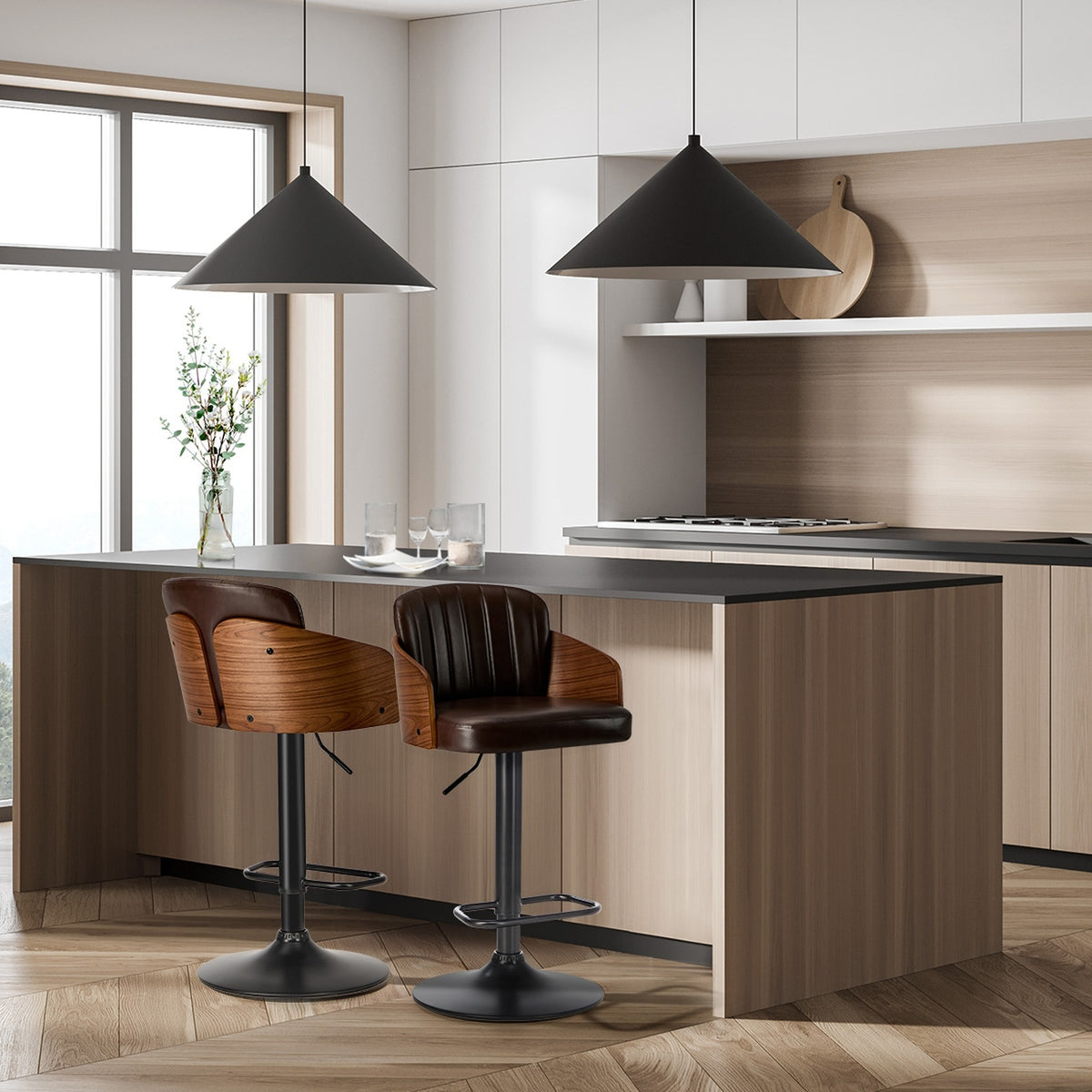 Oikiture 2x Bar Stools Adjustable Counter Height Stool Swivel Leather Brown