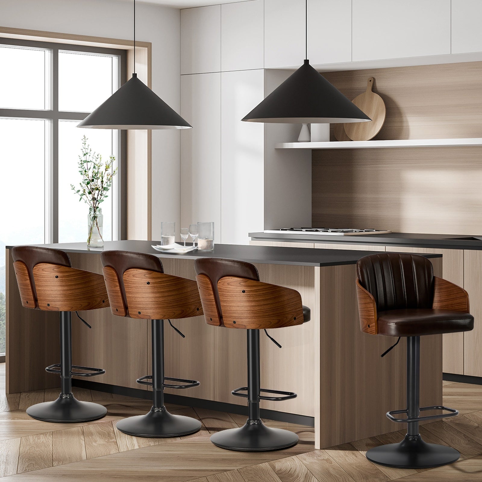 Oikiture 4x Bar Stools Adjustable Counter Height Stool Swivel Leather Brown - Sunyee