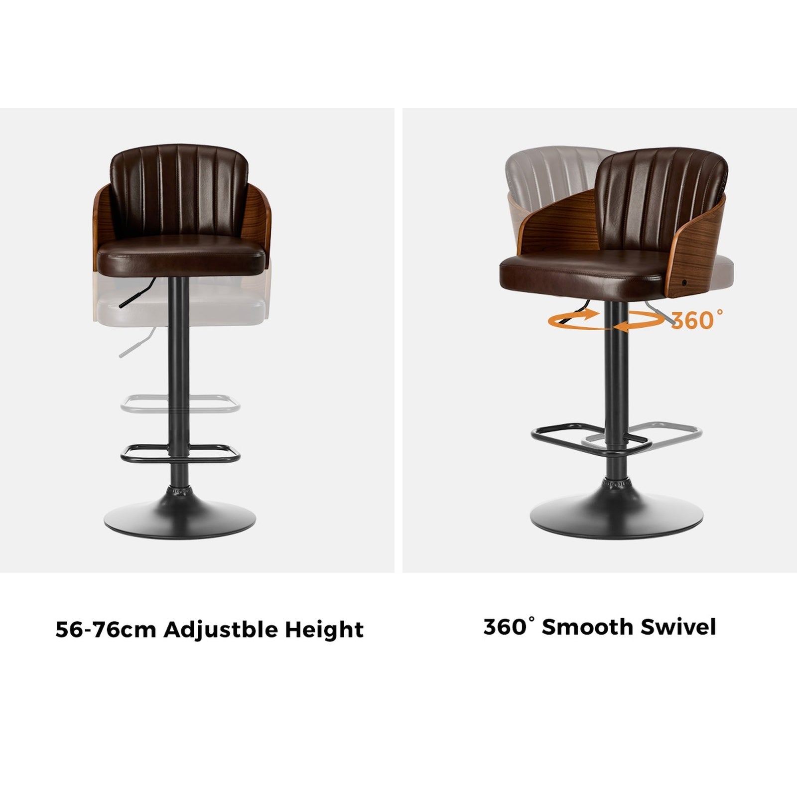 Oikiture 4x Bar Stools Adjustable Counter Height Stool Swivel Leather Brown - Sunyee