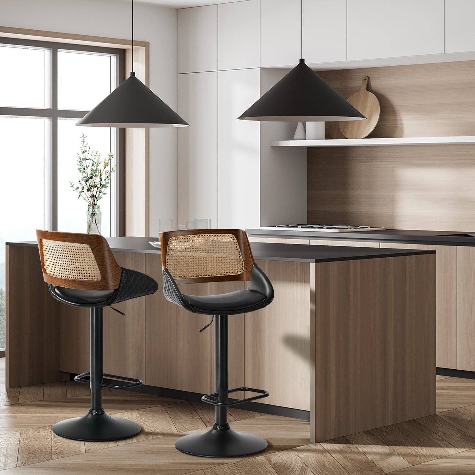 Oikiture 2x Bar Stools Kitchen Dining Chairs Gas Lift Stool Rattan Leather Black
