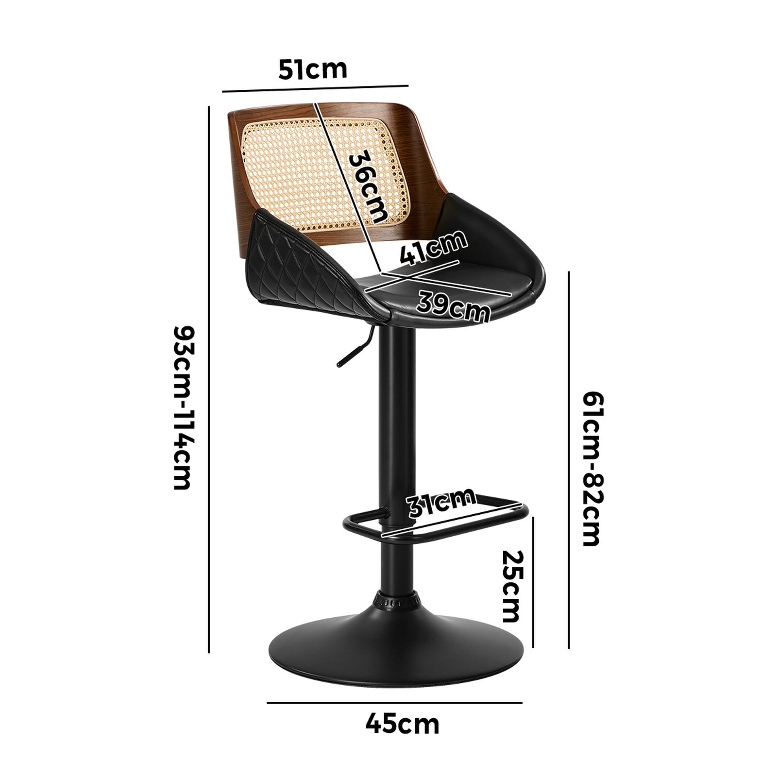Oikiture 2x Bar Stools Kitchen Dining Chairs Gas Lift Stool Rattan Leather Black