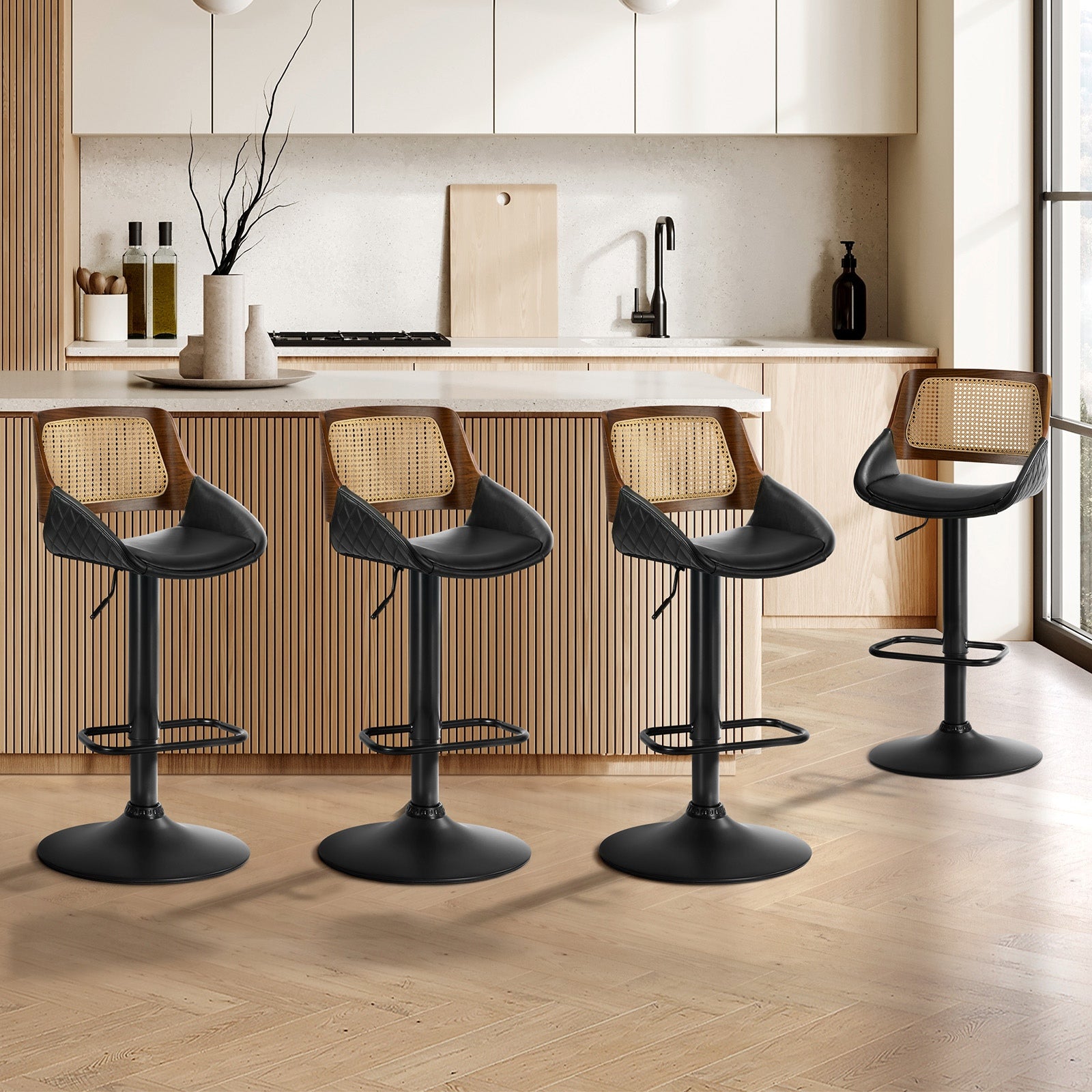 Oikiture 4x Bar Stools Kitchen Dining Chairs Gas Lift Stool Rattan Leather Black