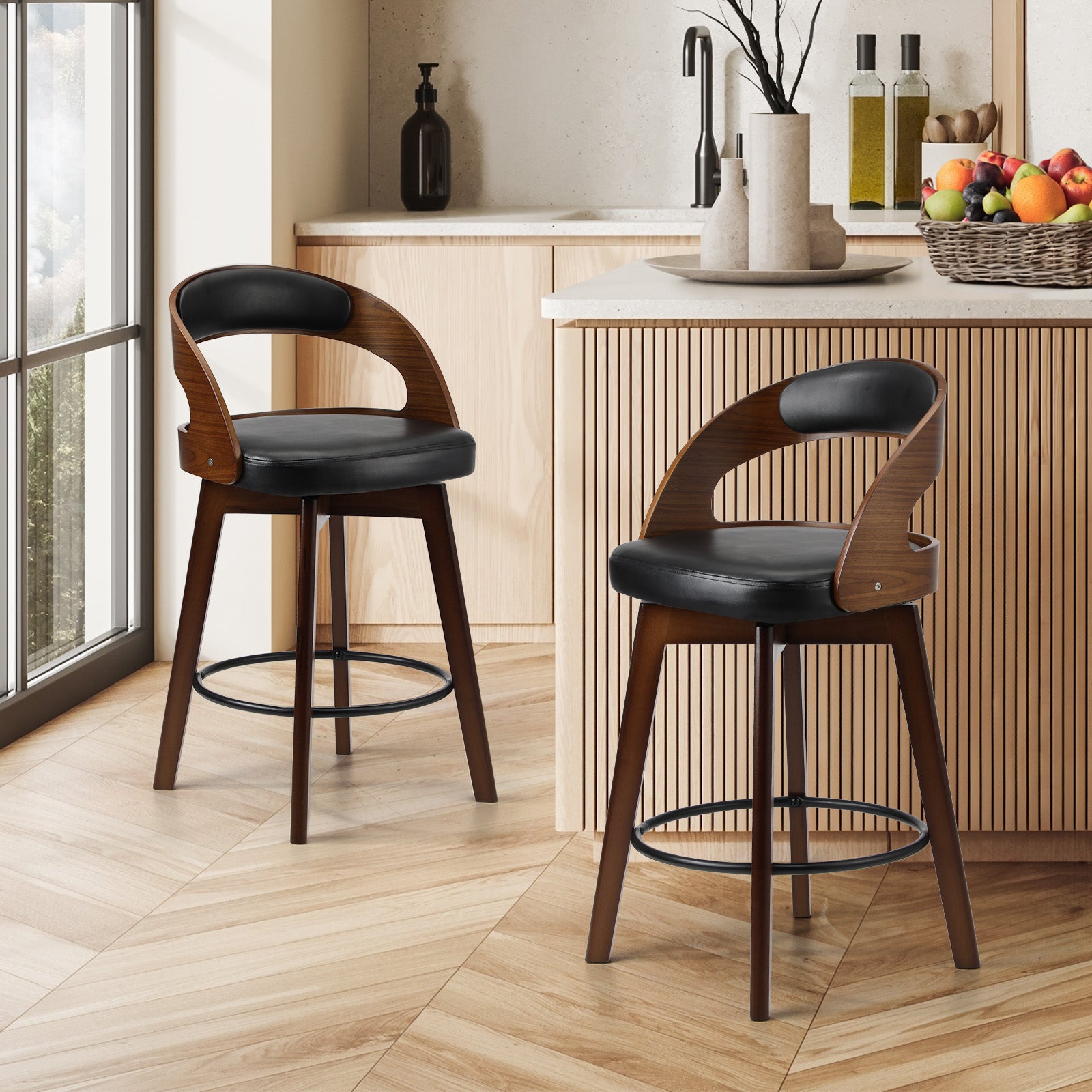 Oikiture 2x Bar Stools Kitchen Counter Stool Swivel Dining Chair PU Leather - Sunyee