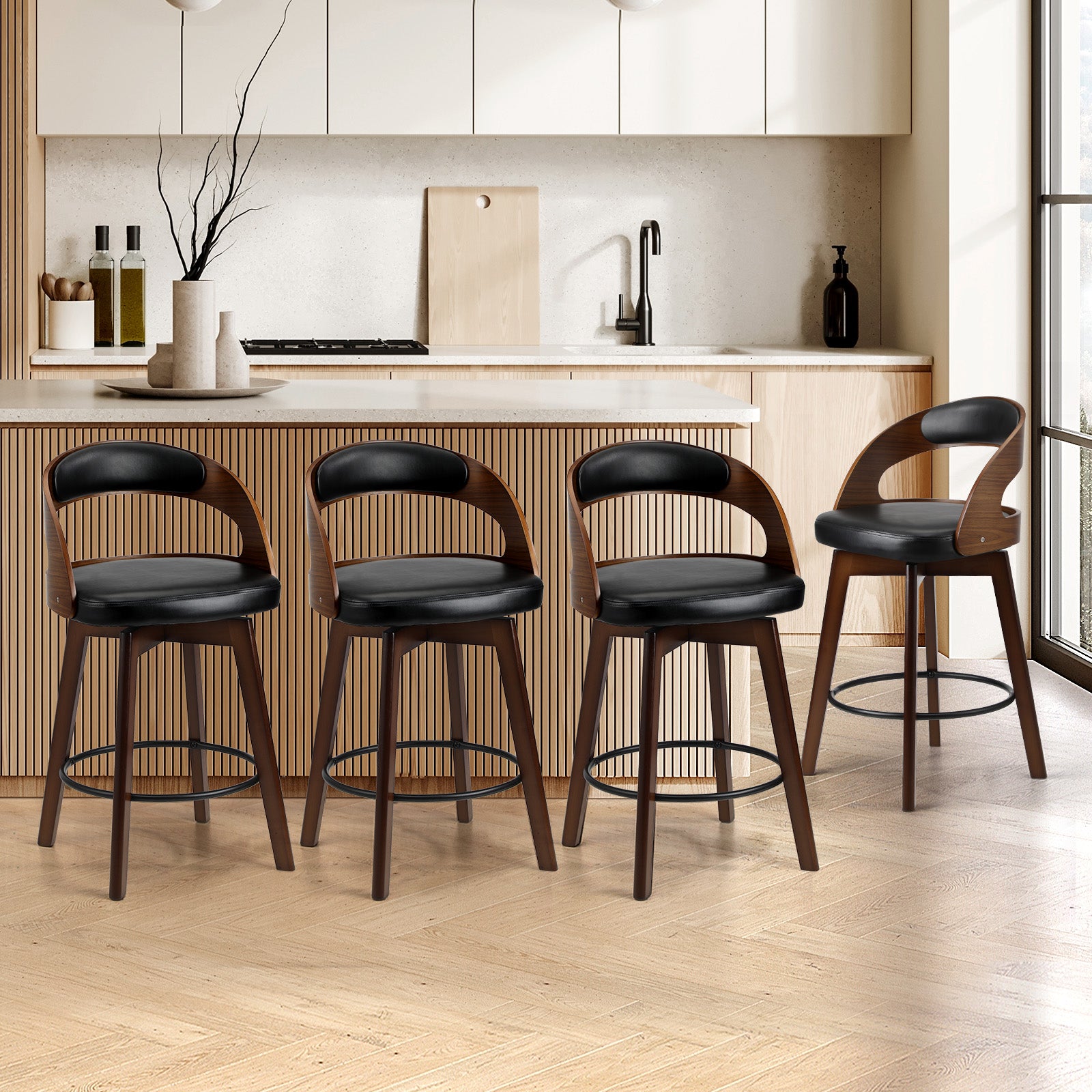 Oikiture 4x Bar Stools Kitchen Counter Stool Swivel Dining Chair PU Leather - Sunyee