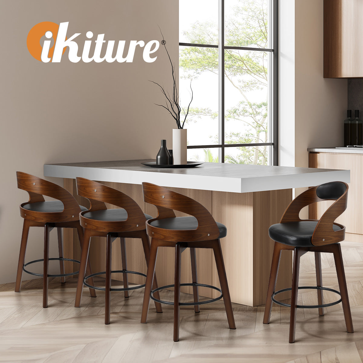 Oikiture 4x Bar Stools Kitchen Counter Stool Swivel Dining Chair PU Leather - Sunyee