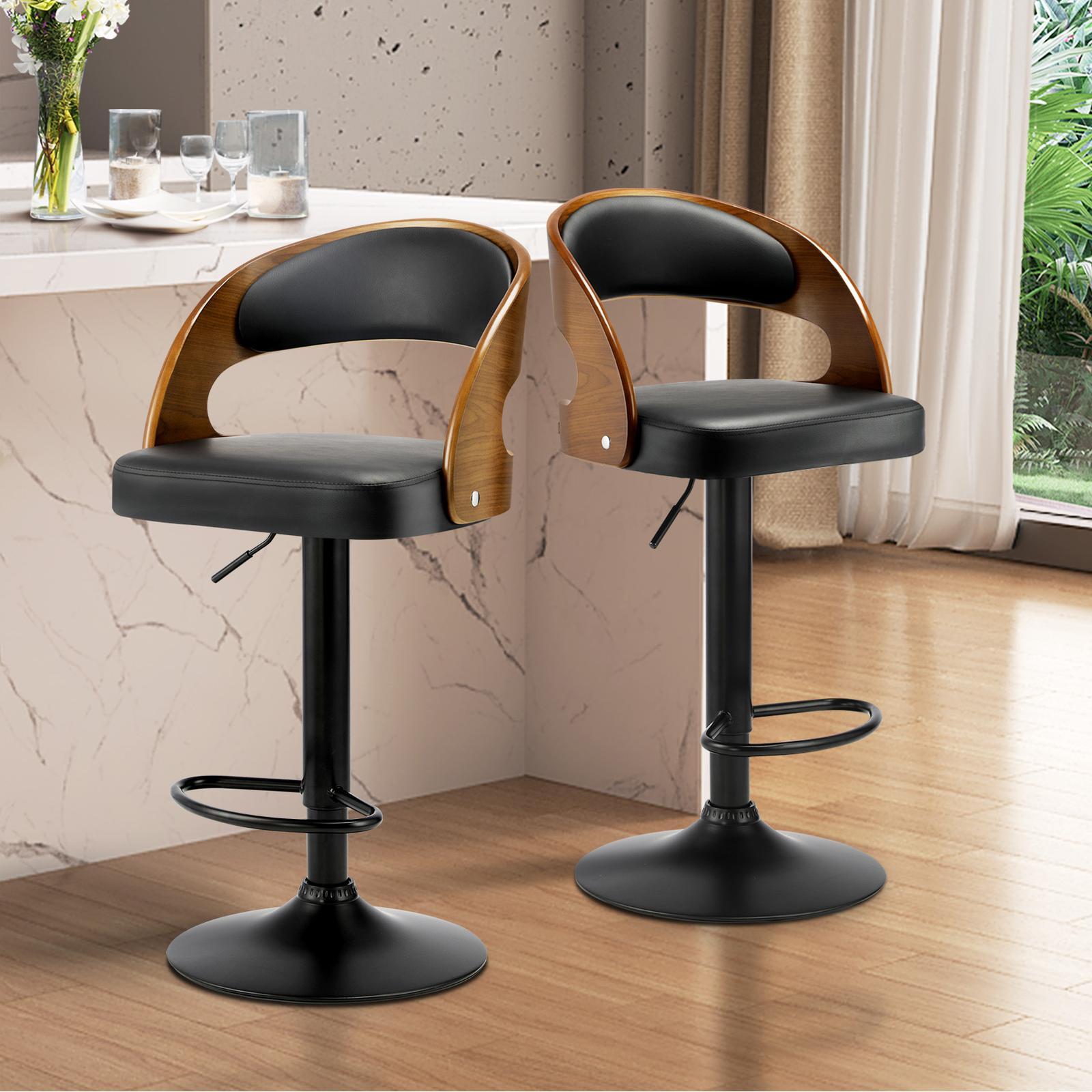 Oikiture 2x Kitchen Bar Stools Gas Lift Wooden Stool Metal Chairs Swivel Black - Sunyee