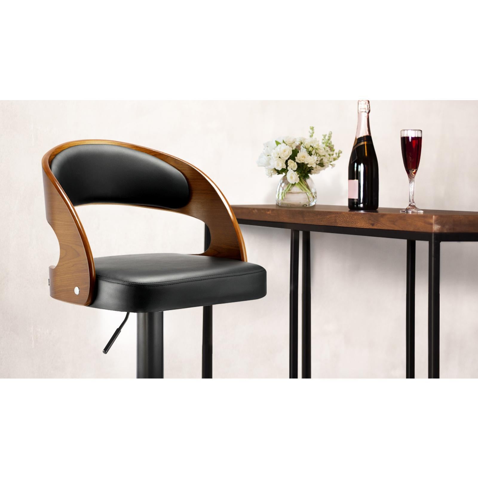 Oikiture 2x Kitchen Bar Stools Gas Lift Wooden Stool Metal Chairs Swivel Black - Sunyee