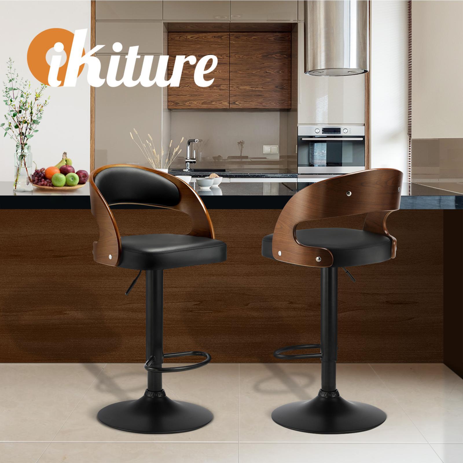 Oikiture 2x Kitchen Bar Stools Gas Lift Wooden Stool Metal Chairs Swivel Black - Sunyee