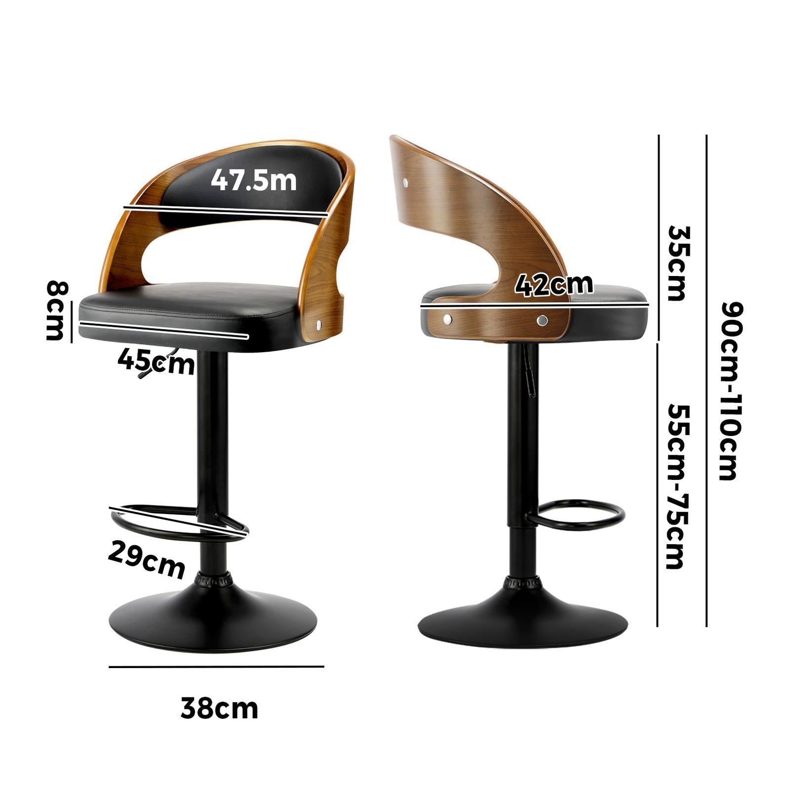 Oikiture 2x Kitchen Bar Stools Gas Lift Wooden Stool Metal Chairs Swivel Black - Sunyee