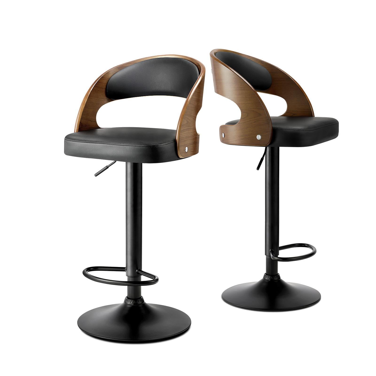 Oikiture 2x Kitchen Bar Stools Gas Lift Wooden Stool Metal Chairs Swivel Black - Sunyee