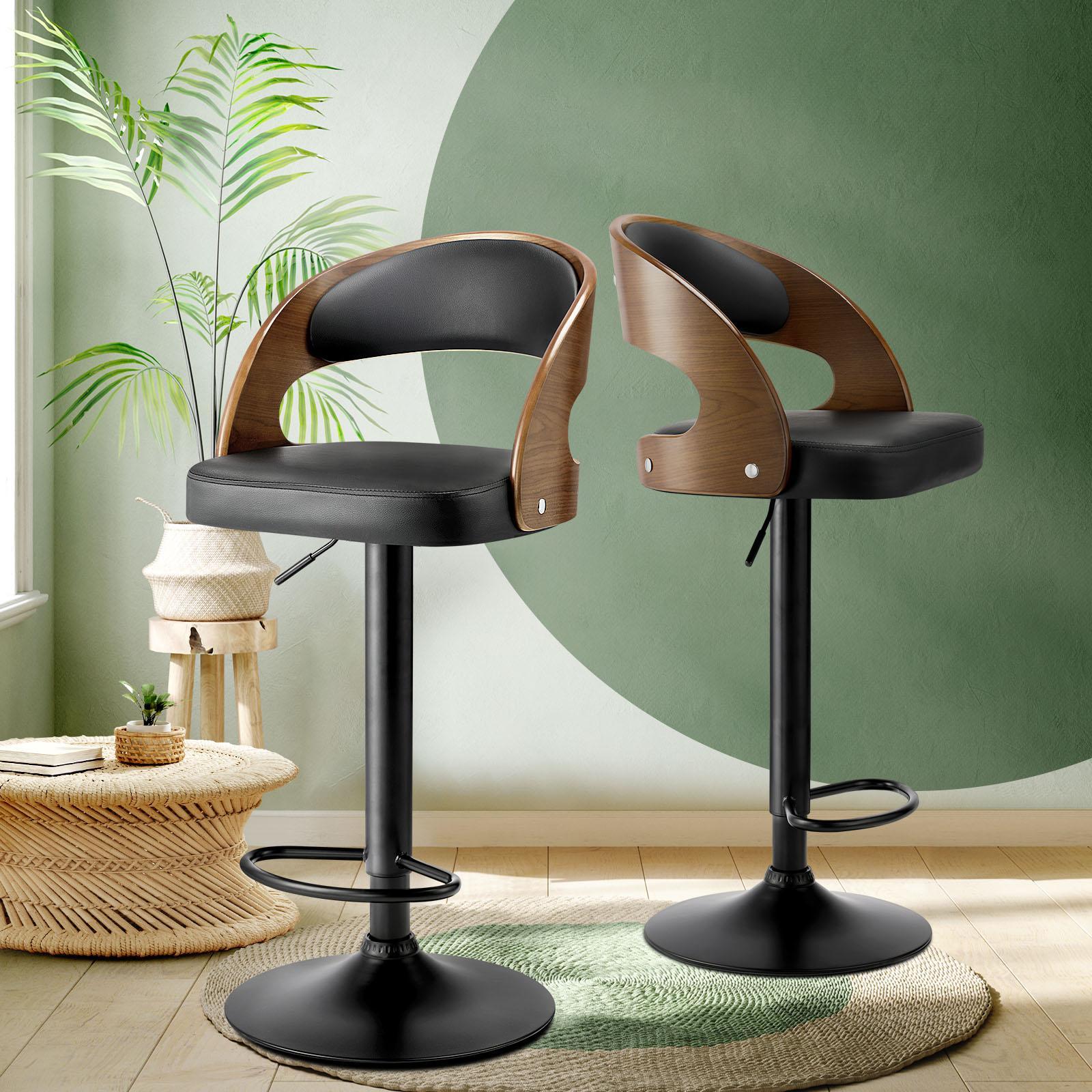 Oikiture 2x Kitchen Bar Stools Gas Lift Wooden Stool Metal Chairs Swivel Black - Sunyee