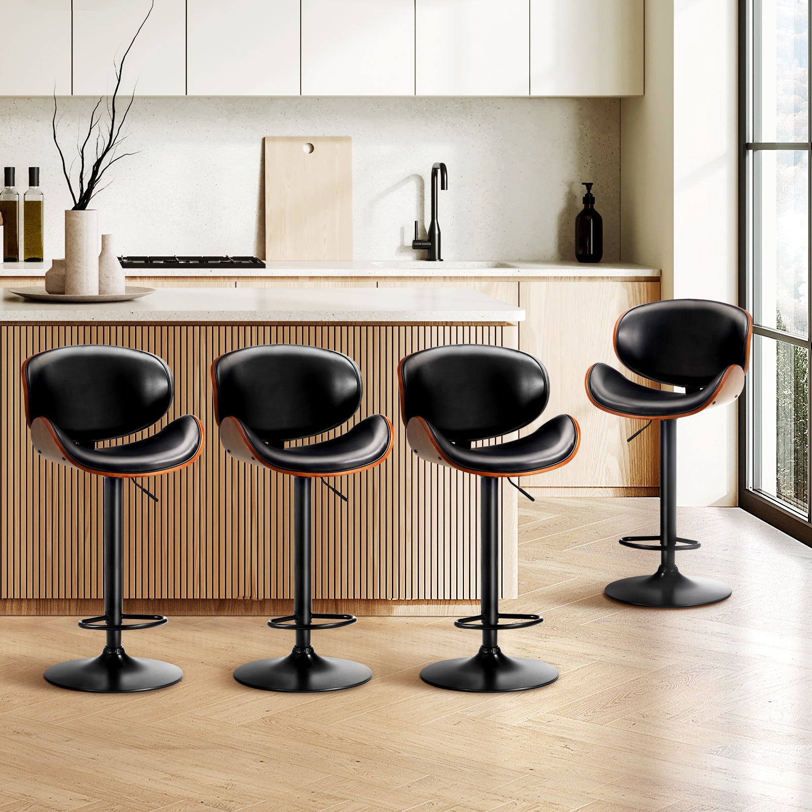 Oikiture Set of 4 Bar Stools Kitchen Stool Swivel Chair Wooden Leather Gas Lift - Sunyee