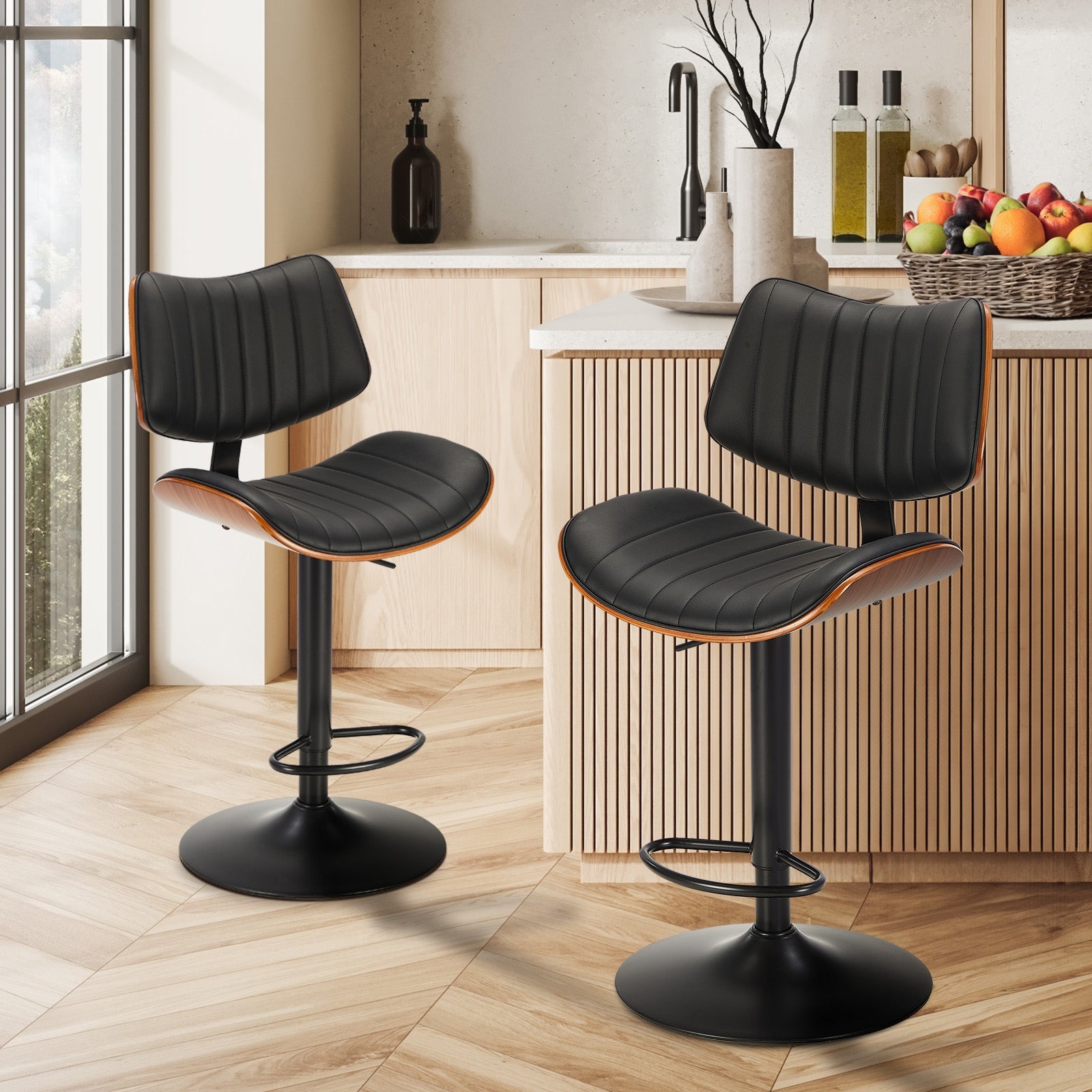 Oikiture 2x Bar Stool Kitchen Swivel Chair Wooden Leather Gas Lift Black - Sunyee