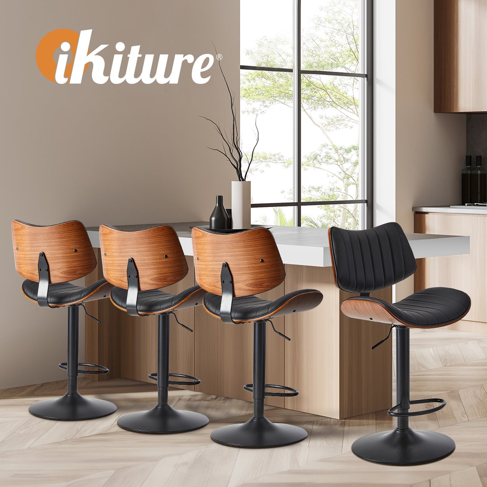 Oikiture 2x Bar Stool Kitchen Swivel Chair Wooden Leather Gas Lift Black - Sunyee
