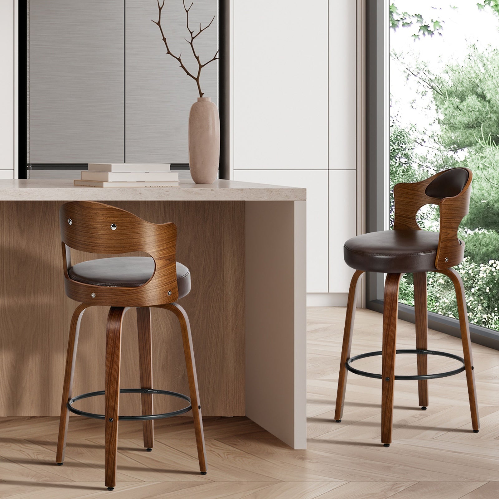 Oikiture 2x Bar Stools Kitchen Swivel Counter Chair Shell Leather Brown