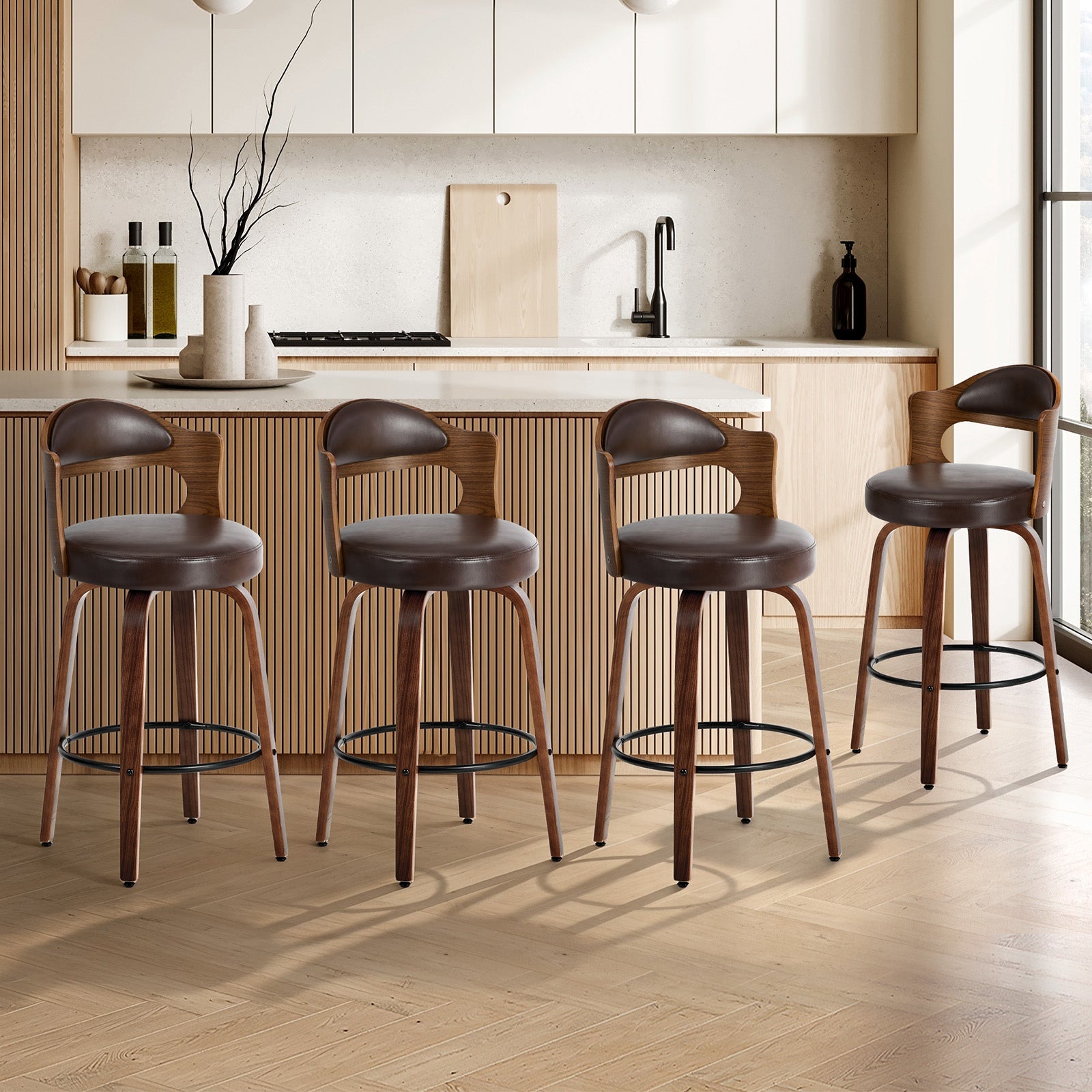 Oikiture 4x Bar Stools Kitchen Swivel Counter Chair Shell Leather Brown