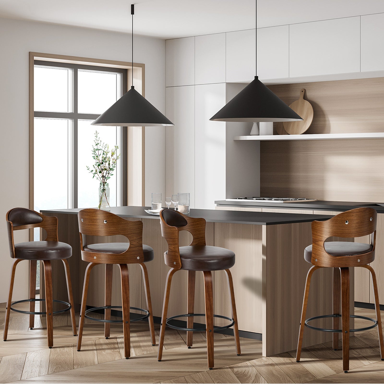 Oikiture 4x Bar Stools Kitchen Swivel Counter Chair Shell Leather Brown