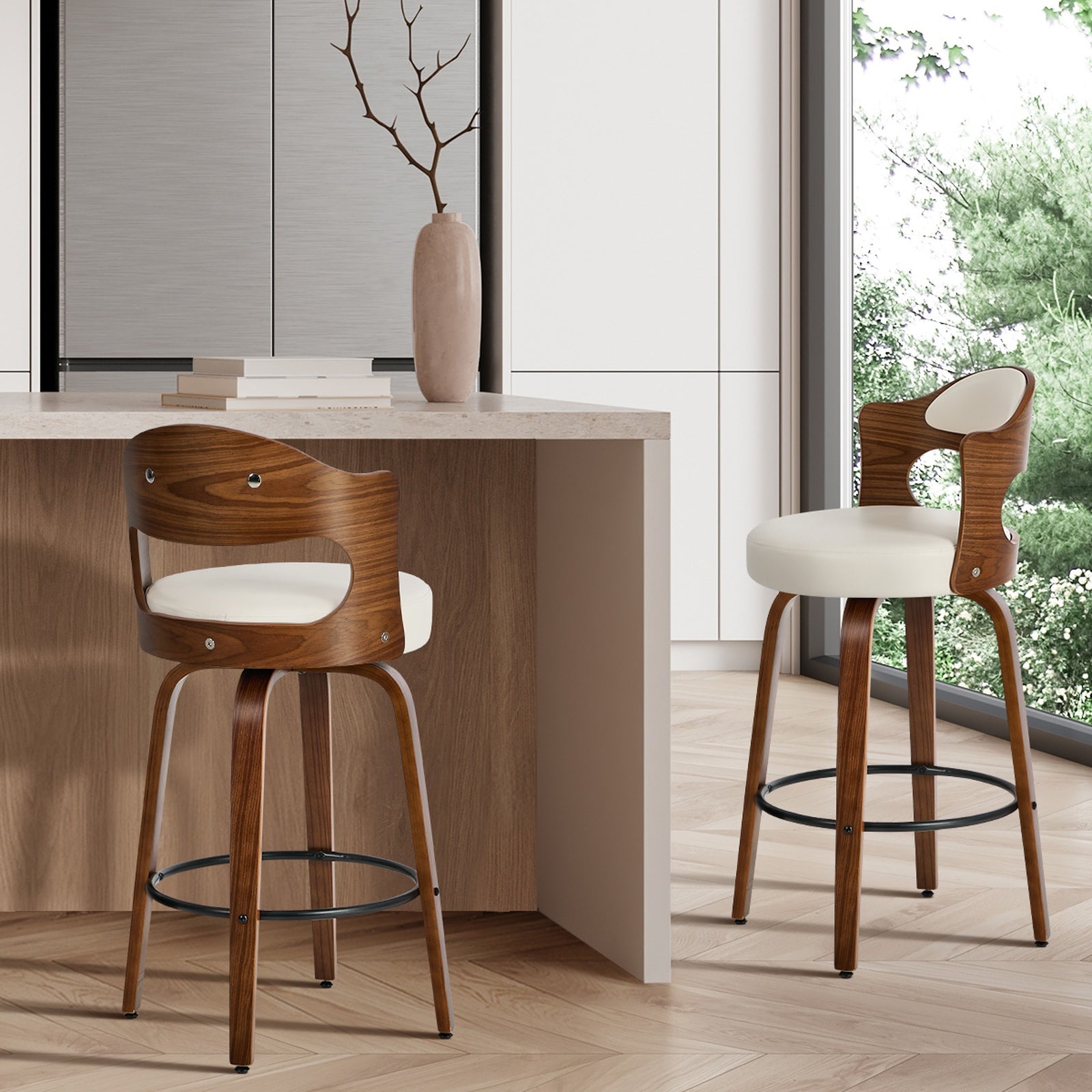Oikiture 2x Bar Stools Kitchen Swivel Counter Chair Shell Leather White