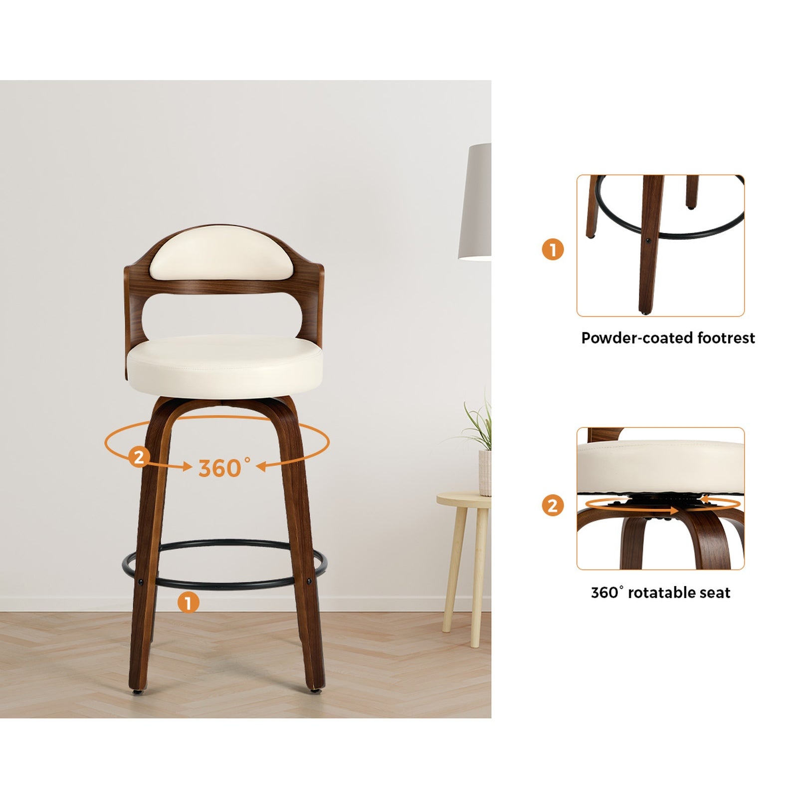 Oikiture 2x Bar Stools Kitchen Swivel Counter Chair Shell Leather White