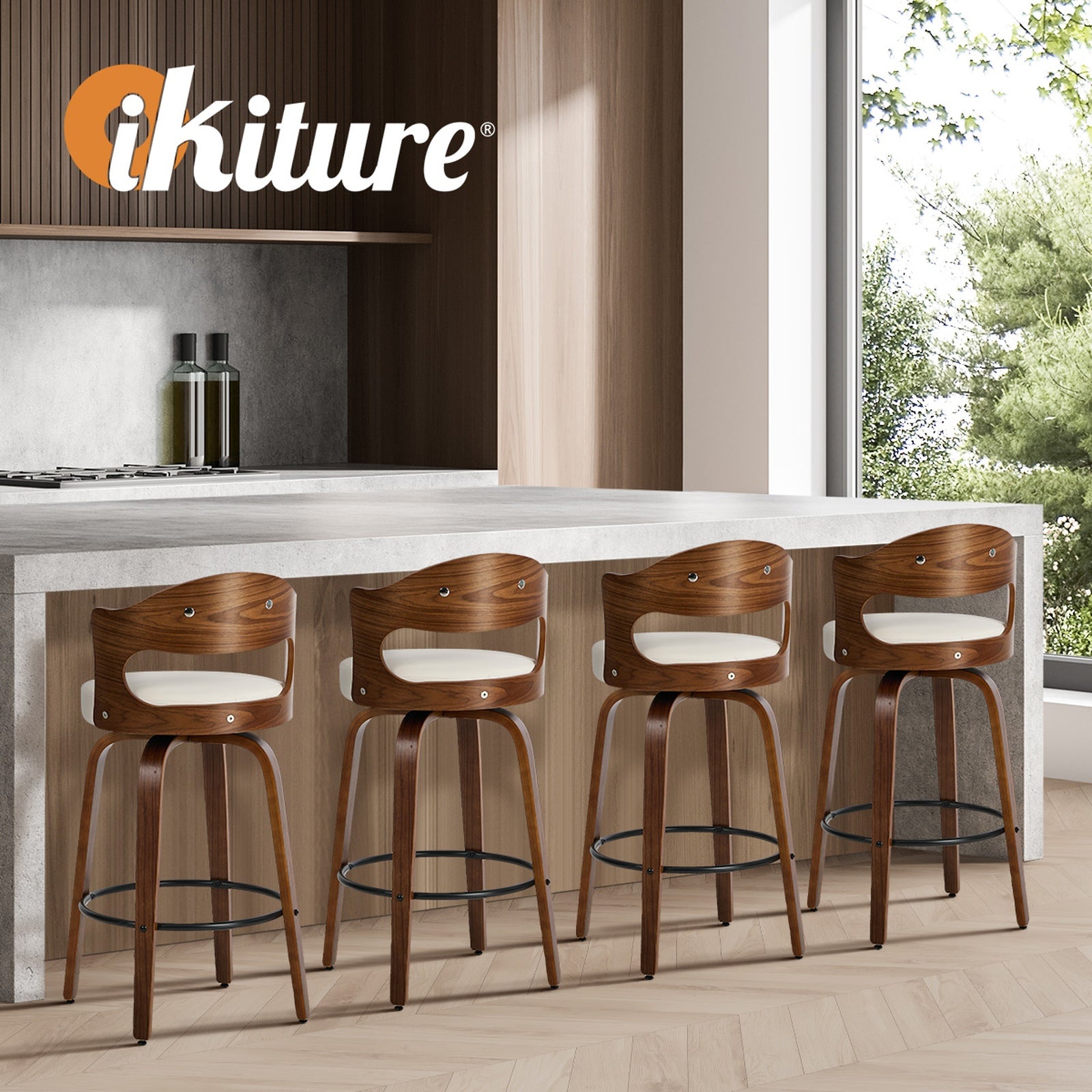 Oikiture 2x Bar Stools Kitchen Swivel Counter Chair Shell Leather White