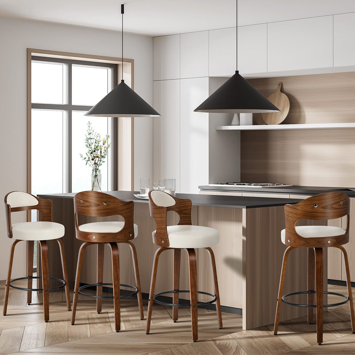 Oikiture 4x Bar Stools Kitchen Swivel Counter Chair Shell Leather White
