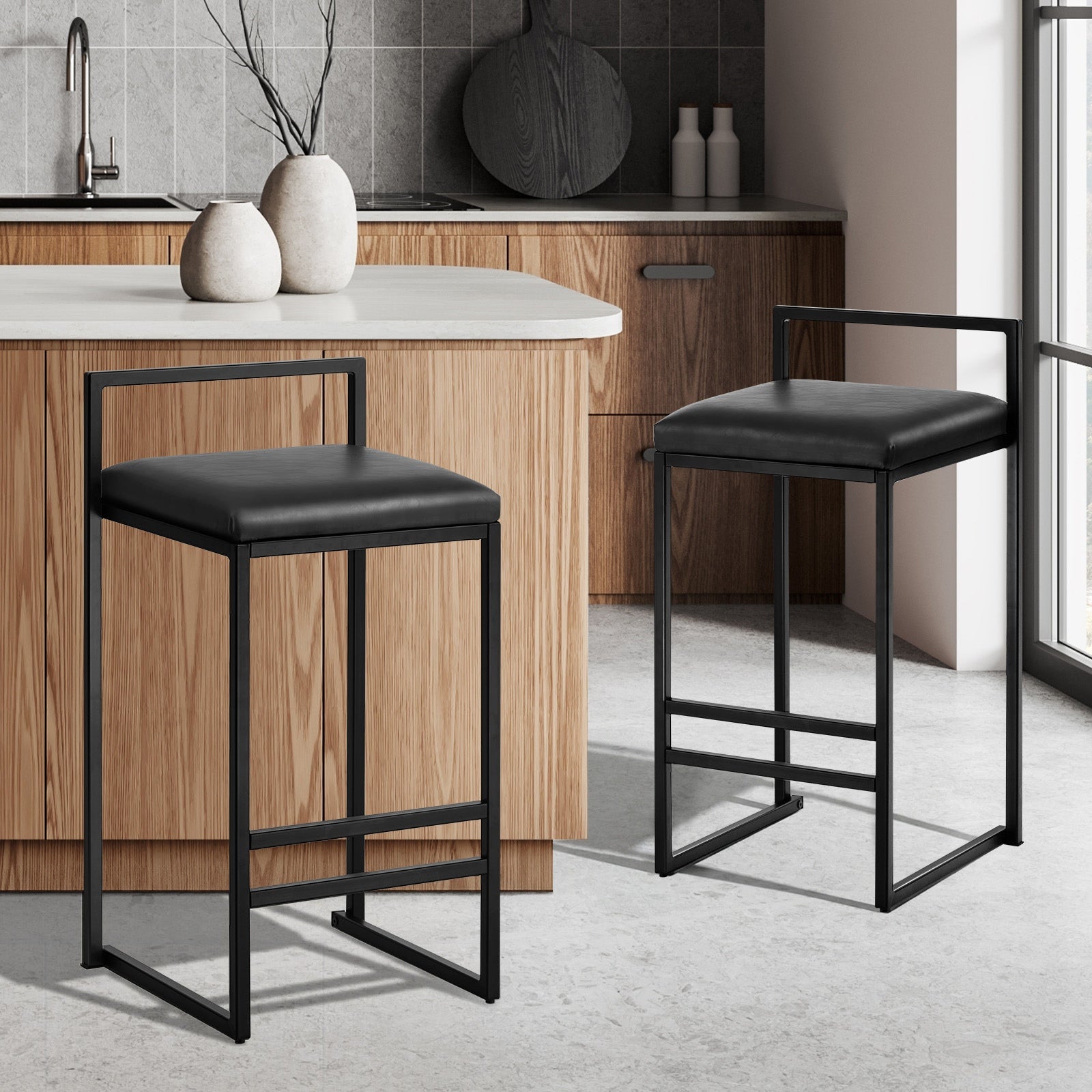 Oikiture 2x Bar Stools Kitchen Stool Metal Counter Chair Barstools Black Leather - Sunyee