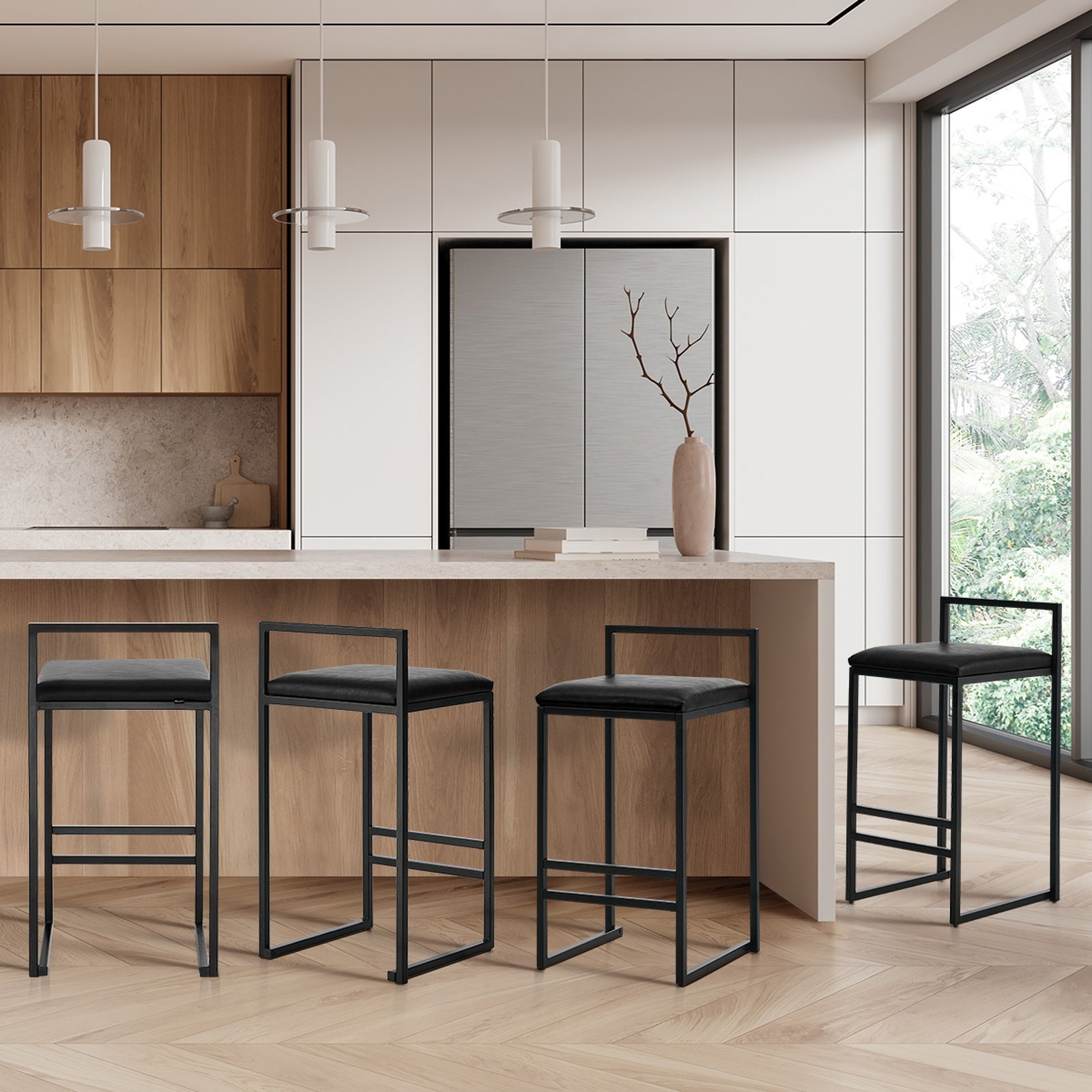 Oikiture 4x Bar Stools Kitchen Stool Metal Counter Chair Barstools Black Leather - Sunyee