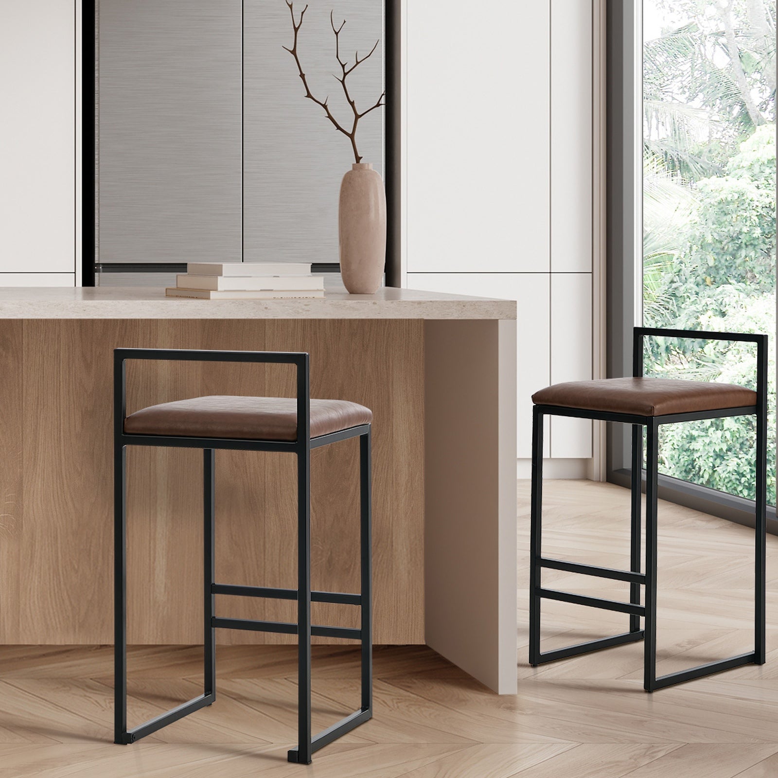 Oikiture 2x Bar Stools Kitchen Stool Metal Counter Chair Barstools Brown Leather - Sunyee