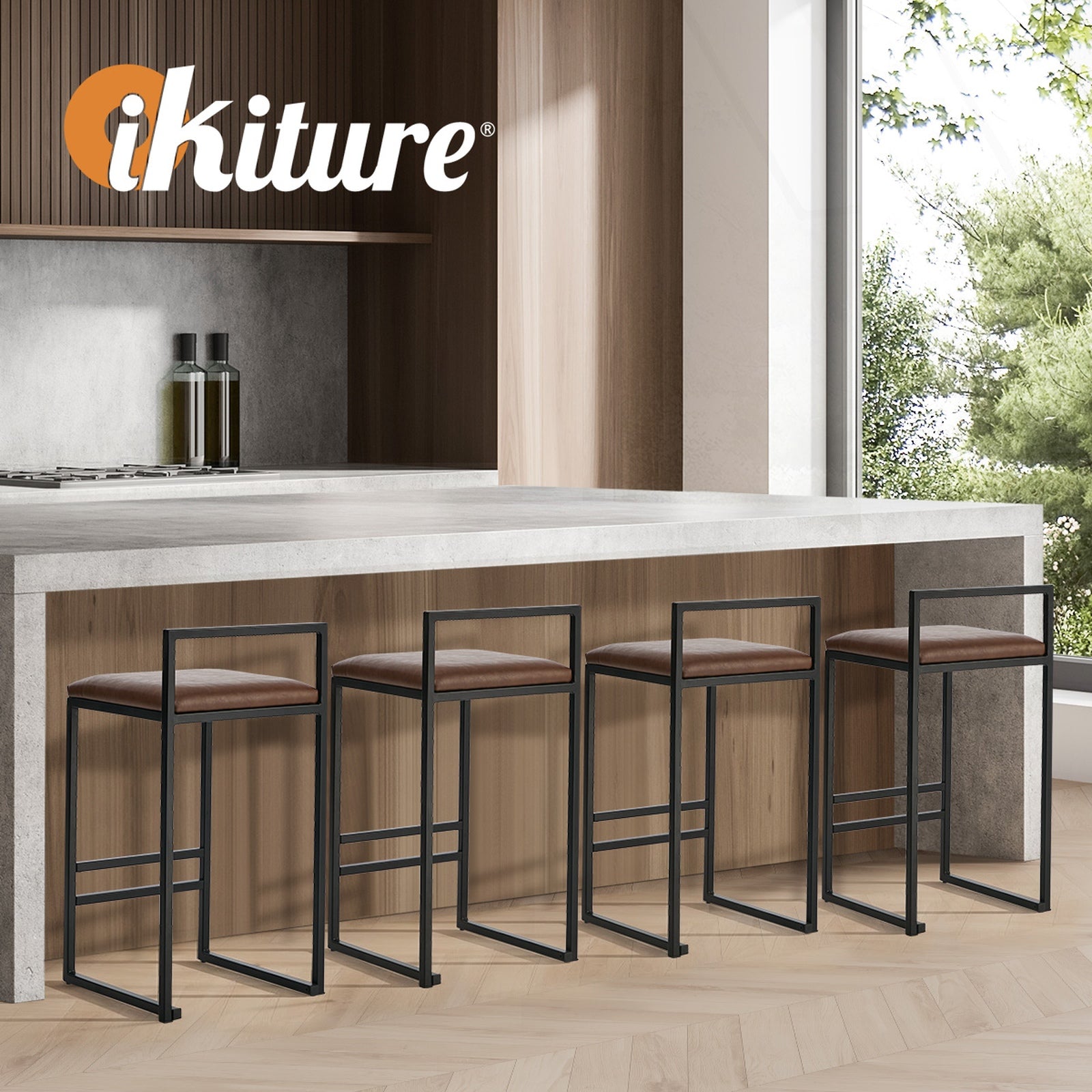 Oikiture 2x Bar Stools Kitchen Stool Metal Counter Chair Barstools Brown Leather - Sunyee