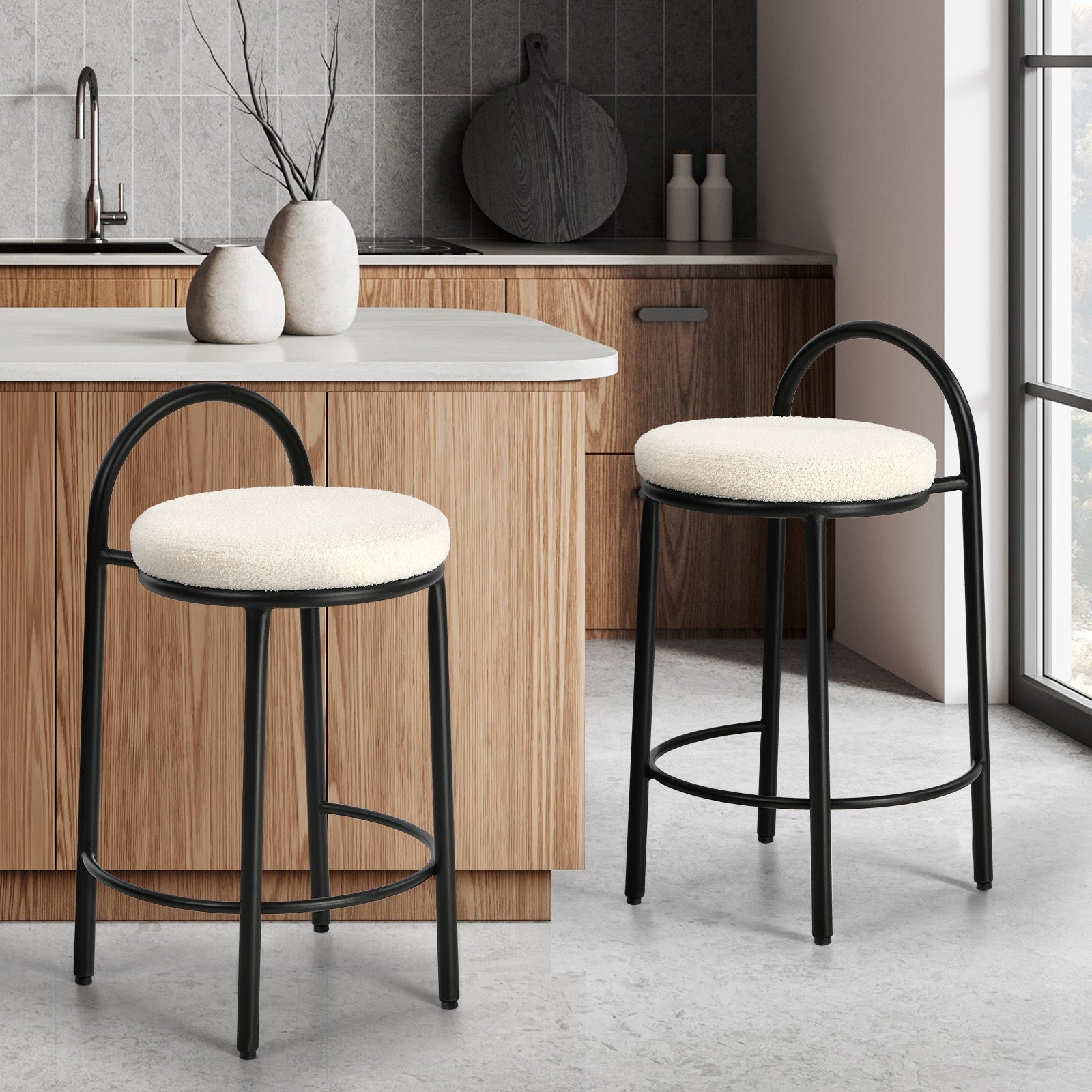 Oikiture 2x Bar Stools Dining Chairs Round Stool Low Back Counter Seat Boucle - Sunyee