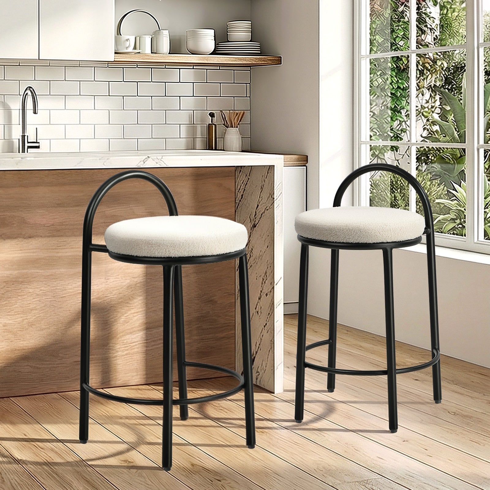 Oikiture 2x Bar Stools Dining Chairs Round Stool Low Back Counter Seat Boucle - Sunyee
