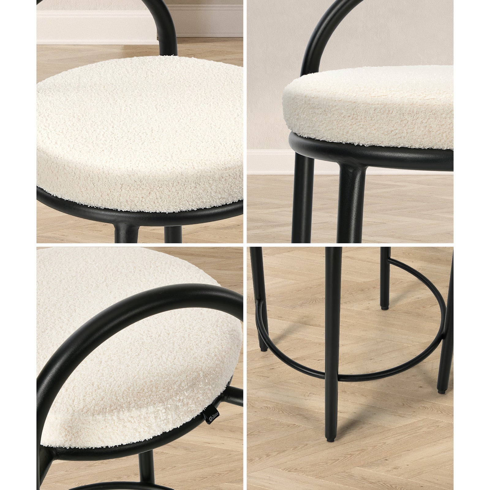Oikiture 2x Bar Stools Dining Chairs Round Stool Low Back Counter Seat Boucle - Sunyee