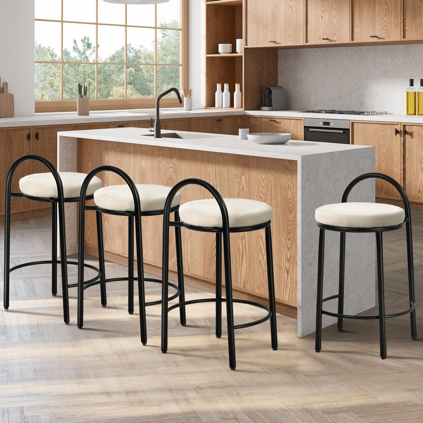 Oikiture 4x Bar Stools Dining Chairs Round Stool Low Back Counter Seat Boucle - Sunyee