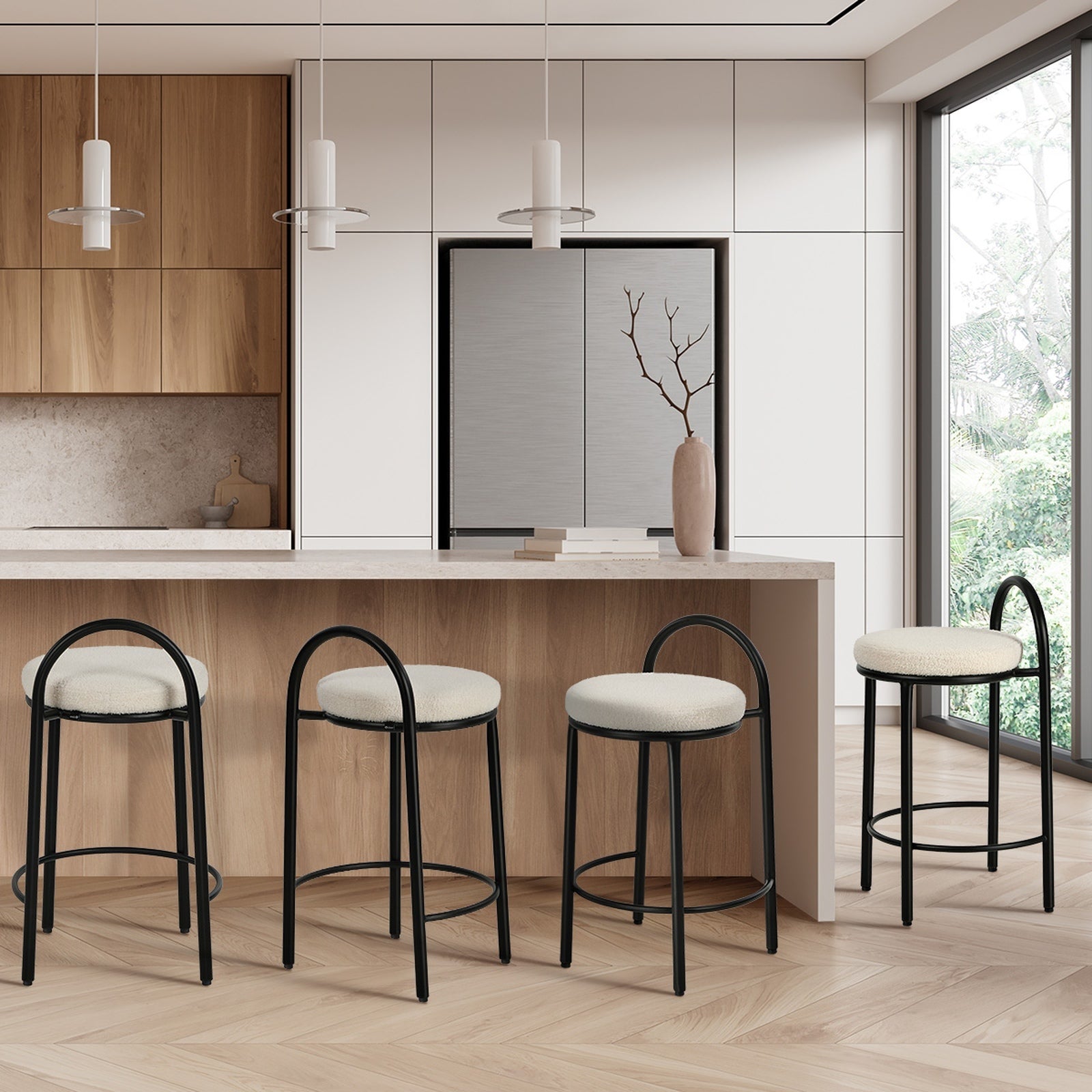 Oikiture 4x Bar Stools Dining Chairs Round Stool Low Back Counter Seat Boucle - Sunyee