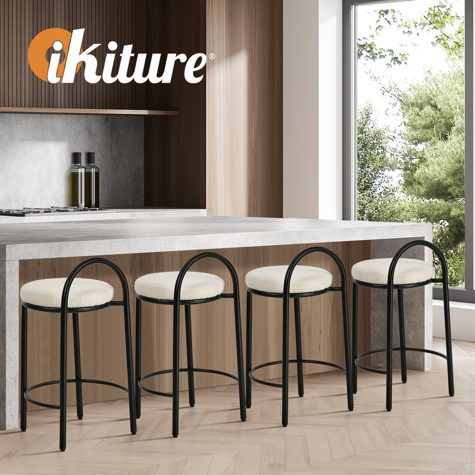 Oikiture 4x Bar Stools Dining Chairs Round Stool Low Back Counter Seat Boucle - Sunyee