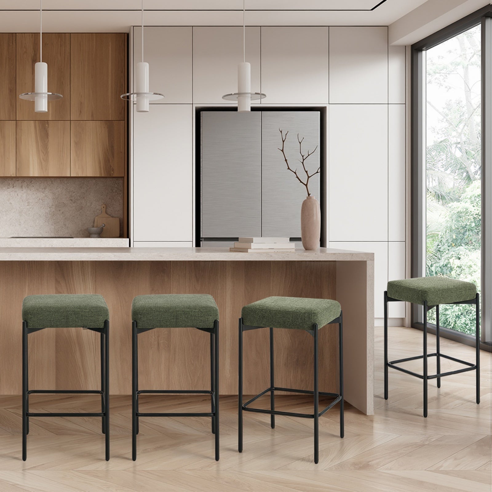 Oikiture 4x Bar Stools Kithen Counter Stool Dining Chair Linen Seat Metal Green - Sunyee