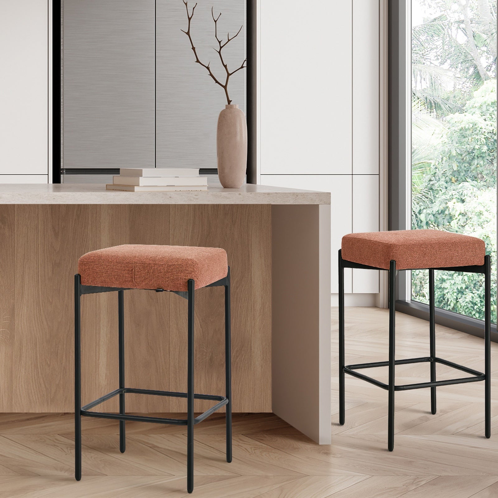 Oikiture 2x Bar Stools Kitchen Counter Dining Chair Linen Seat Metal Orange