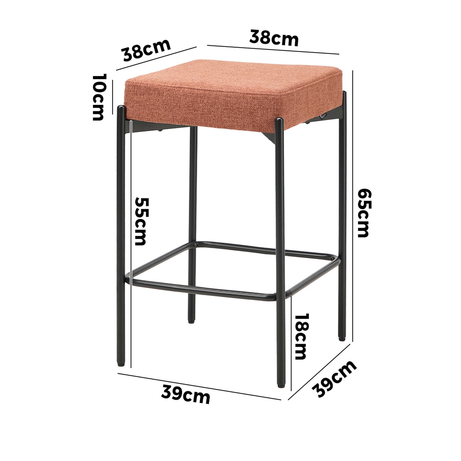 Oikiture 2x Bar Stools Kitchen Counter Dining Chair Linen Seat Metal Orange