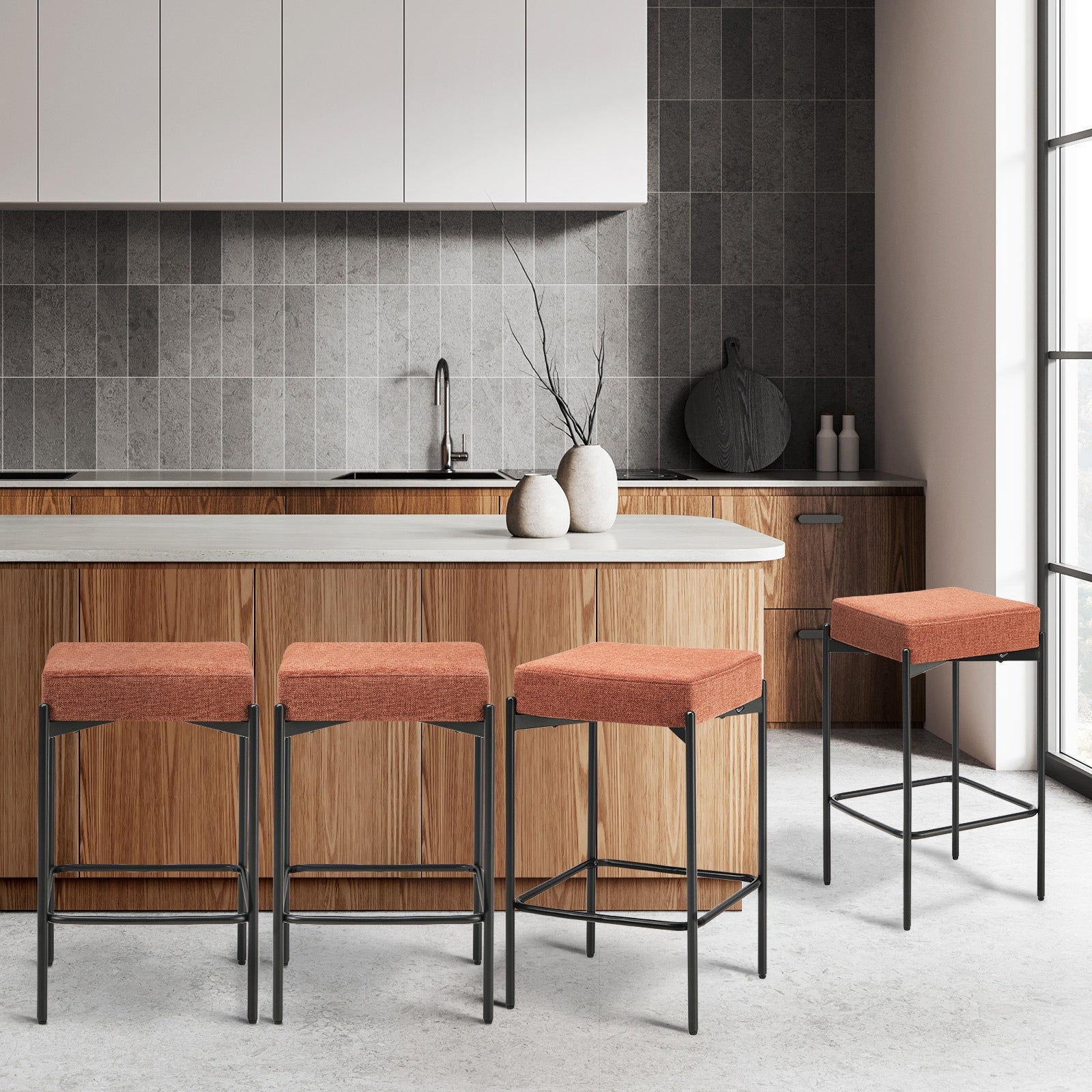 Oikiture 4x Bar Stools Kitchen Counter Dining Chair Linen Seat Metal Orange
