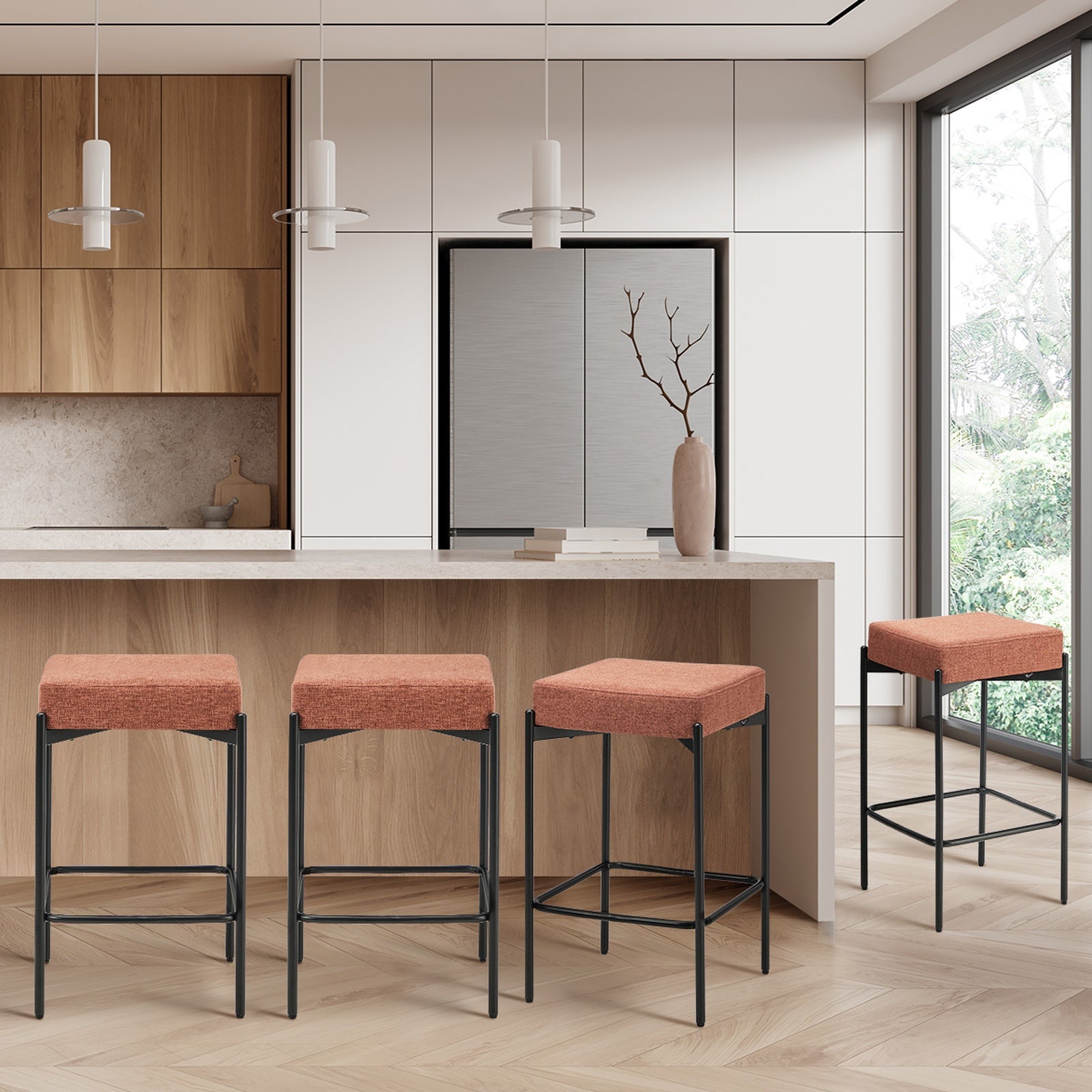 Oikiture 4x Bar Stools Kitchen Counter Dining Chair Linen Seat Metal Orange