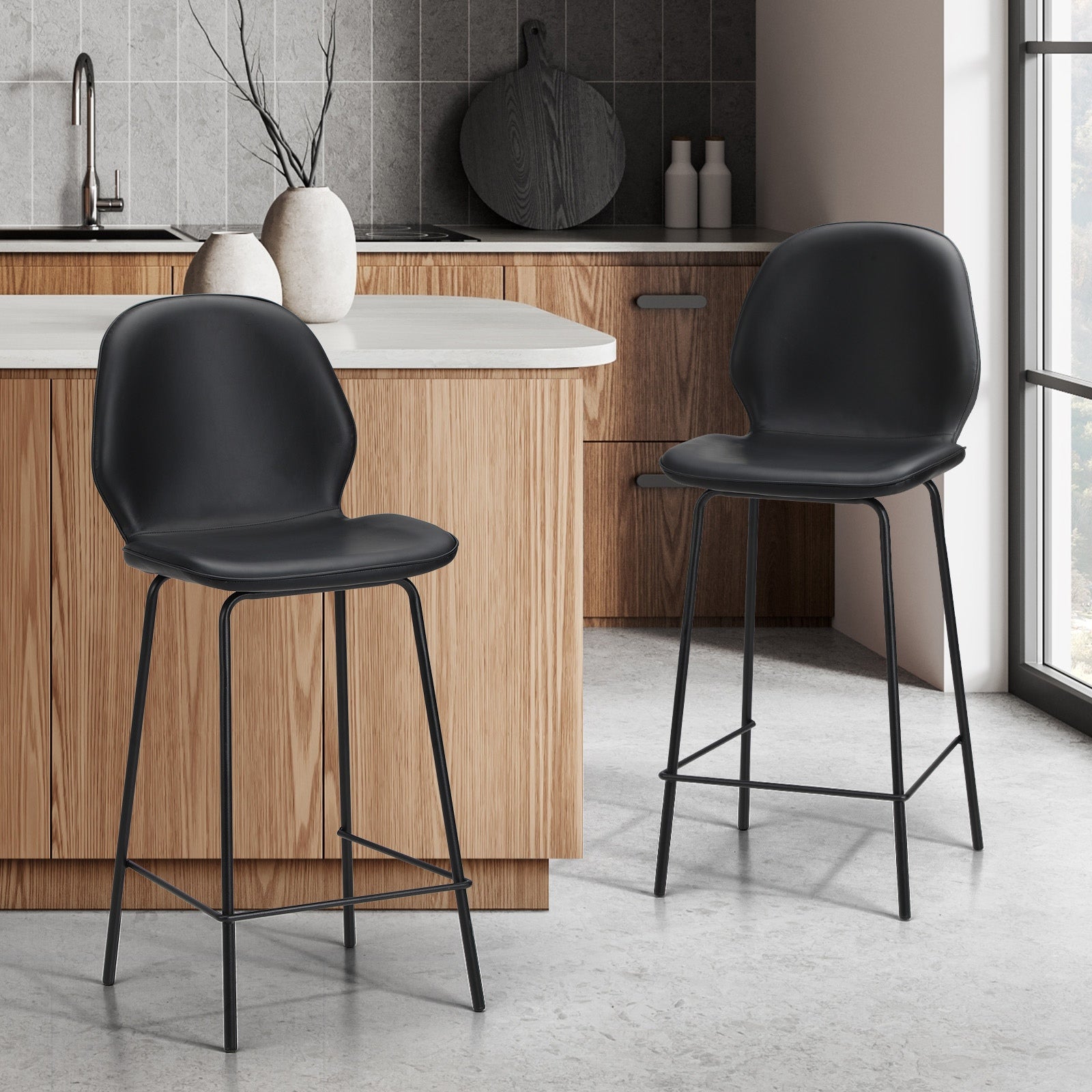 Oikiture 2x Bar Stools Kitchen Dining Chairs Counter Stool Leather Black