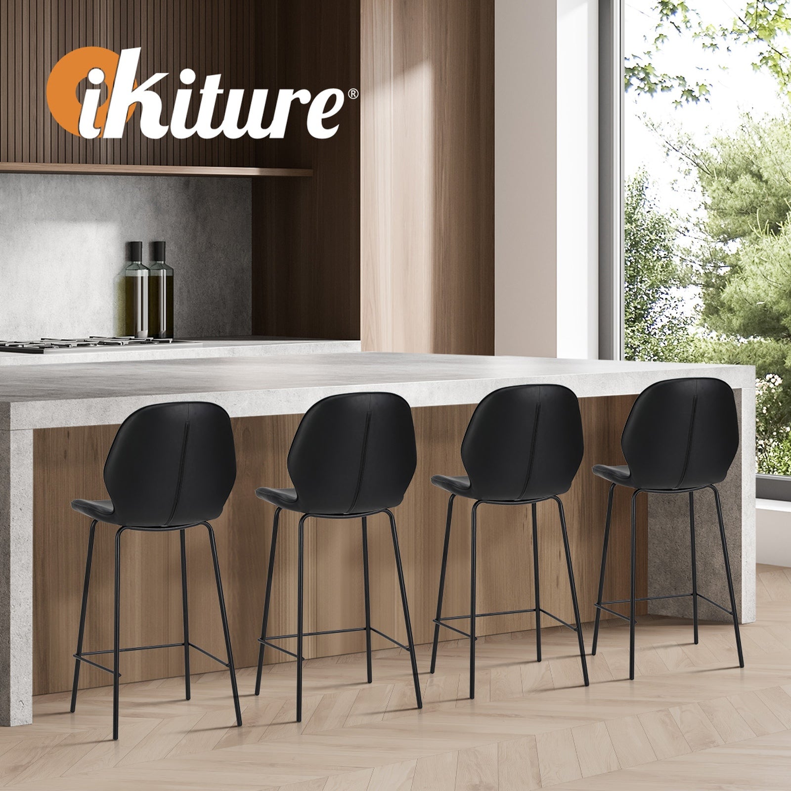 Oikiture 2x Bar Stools Kitchen Dining Chairs Counter Stool Leather Black