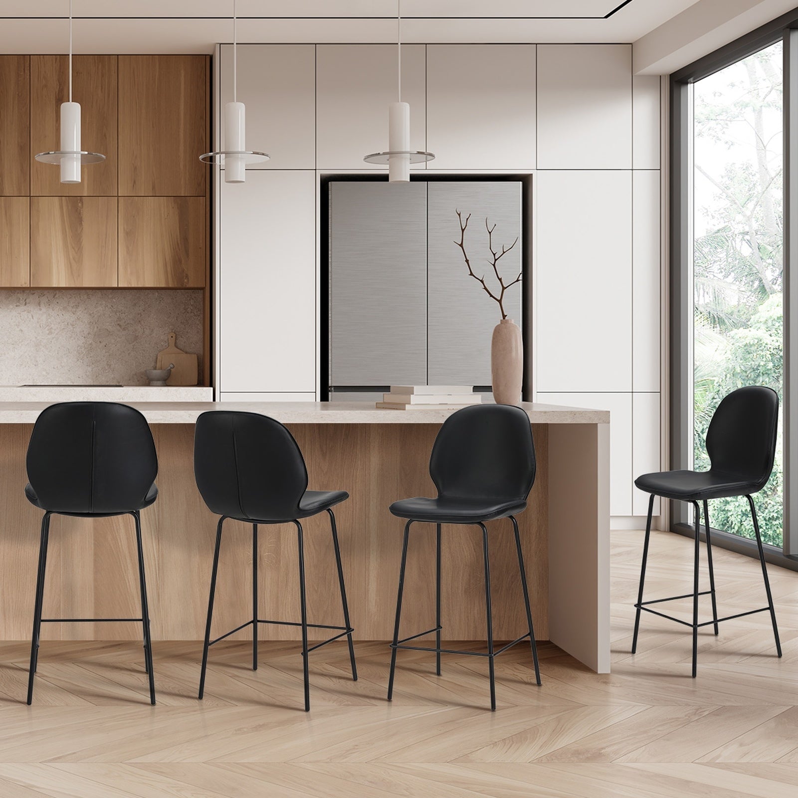 Oikiture Set of 4 Bar Stools Kitchen Dining Chairs Counter Stool Leather Black - Sunyee