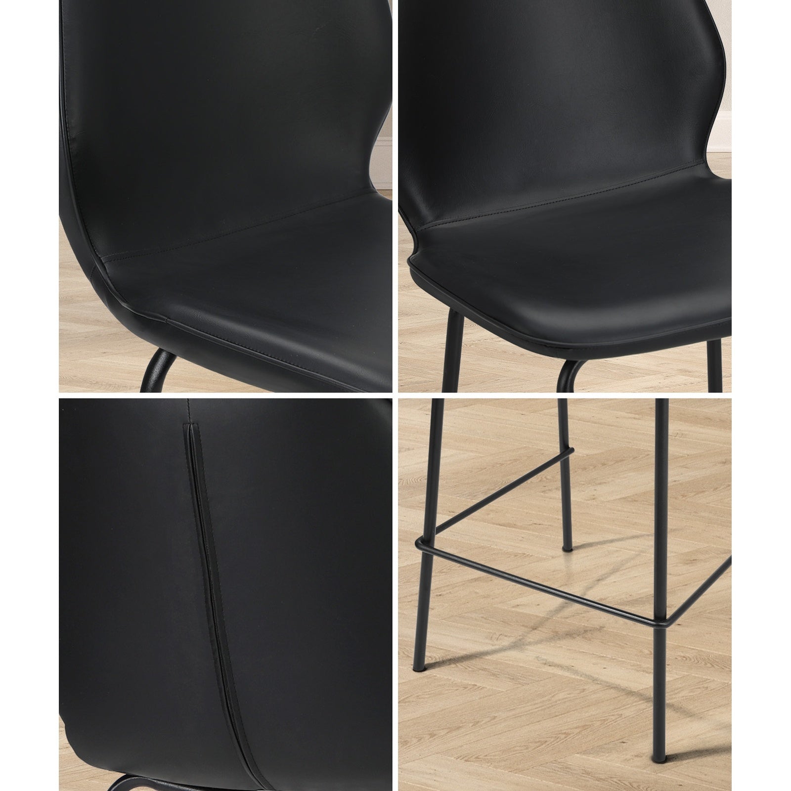 Oikiture Set of 4 Bar Stools Kitchen Dining Chairs Counter Stool Leather Black - Sunyee