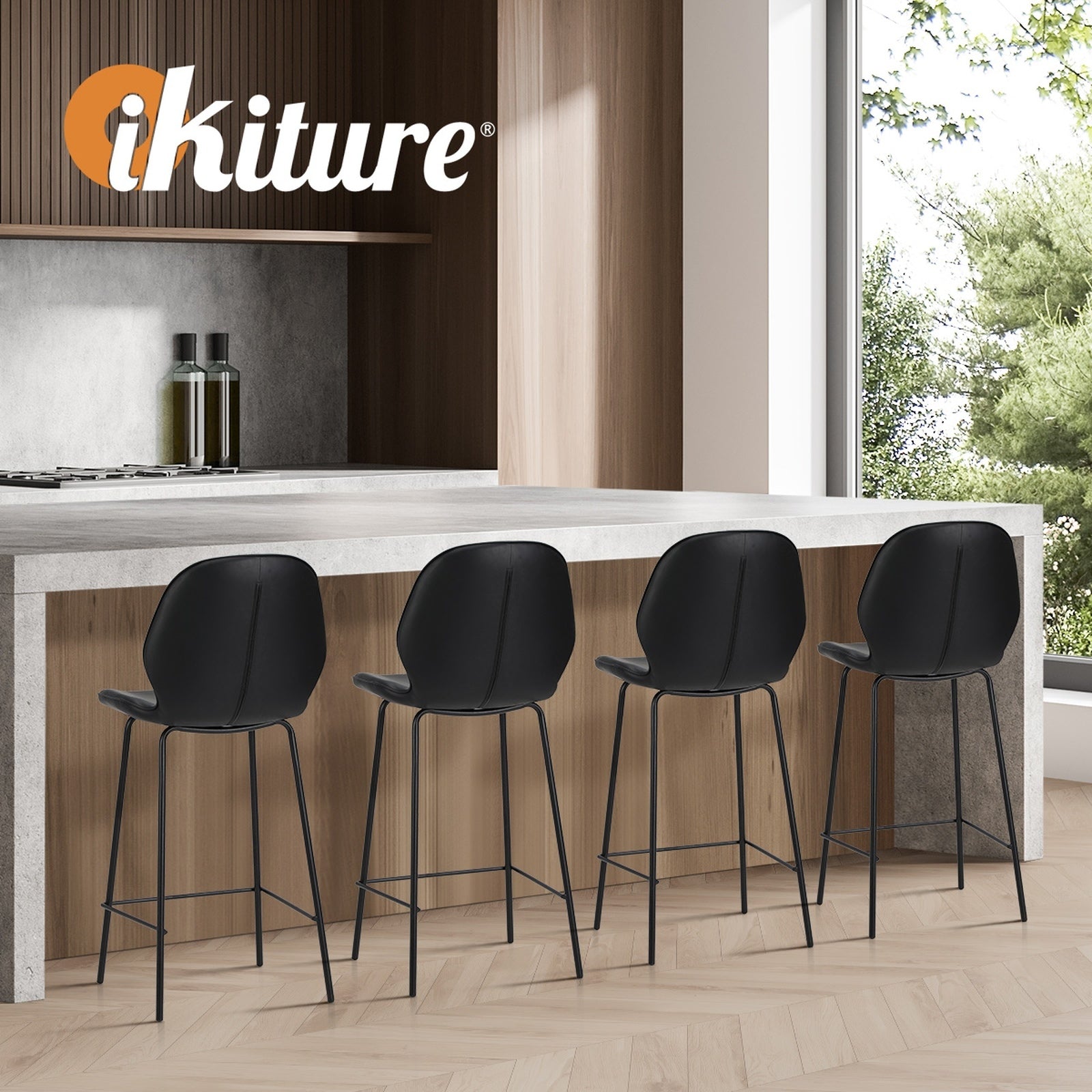 Oikiture Set of 4 Bar Stools Kitchen Dining Chairs Counter Stool Leather Black - Sunyee
