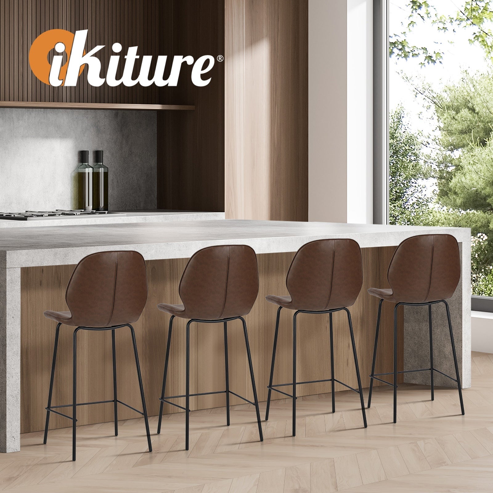 Oikiture 2x Bar Stools Kitchen Dining Chairs Counter Stool Leather Brown